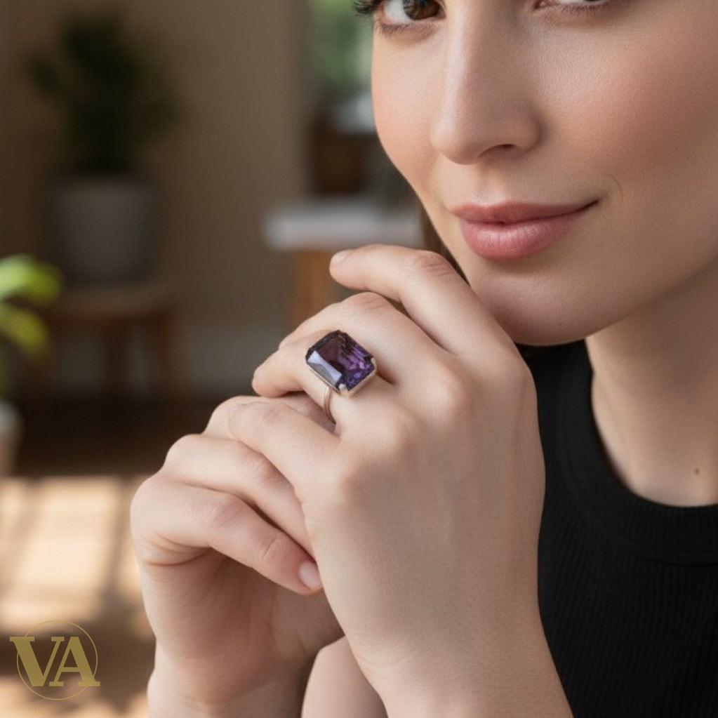 Bague femme argent 925 Améthyste taille émeraude