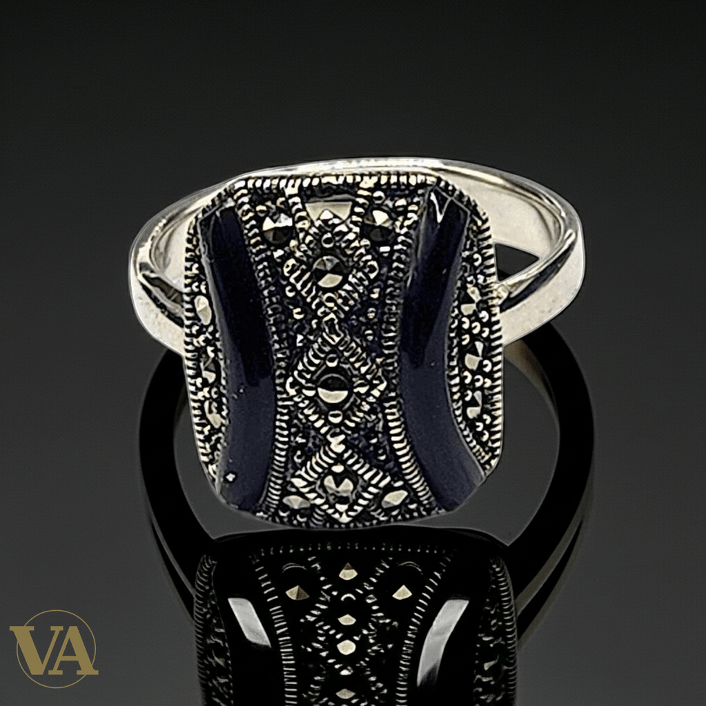Bague Femme Argent 925 Onyx Noir Rectangulaire & Marcassites - Argent 925 - Vindicta
