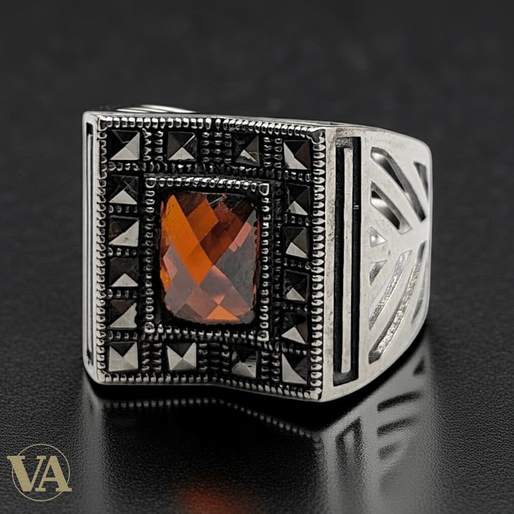 Chevalière Homme Argent 925 Grenat Rouge Marcassite Motif Éventail - Argent 925 - Vindicta
