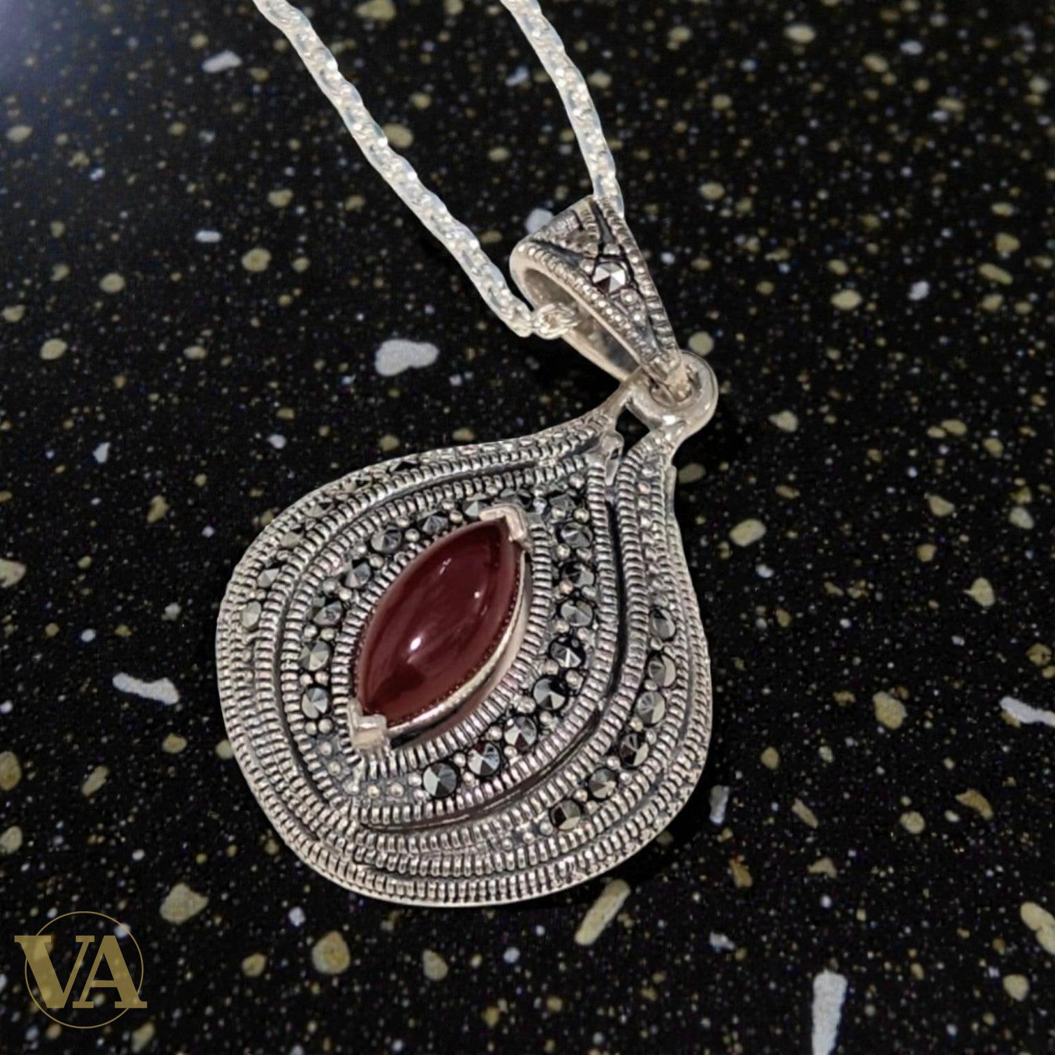 Collier Cornaline Marcassite Argent 925 - Pendentif Art Déco Vintage