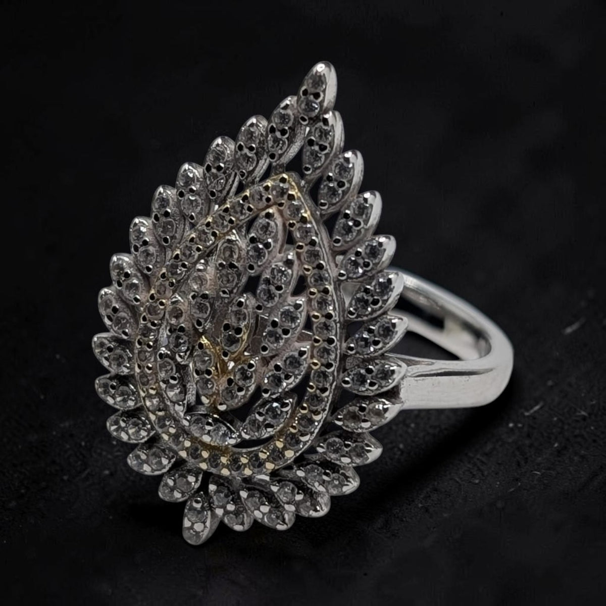 Bague Femme Argent 925 Goutte Pavé Zircons Pétales Bicolore