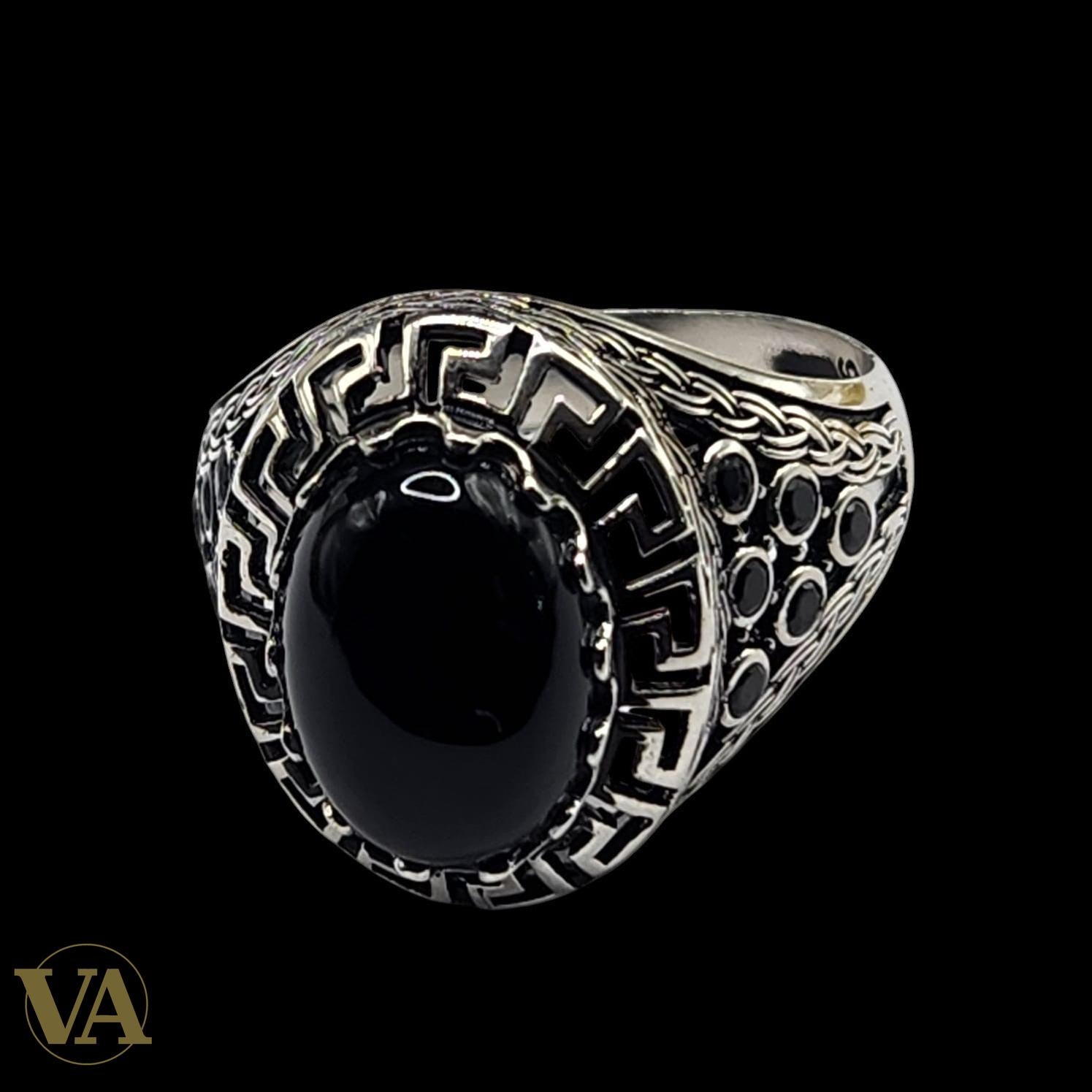 Bague Homme Argent 925 – Onyx noir cabochon & arabesques
