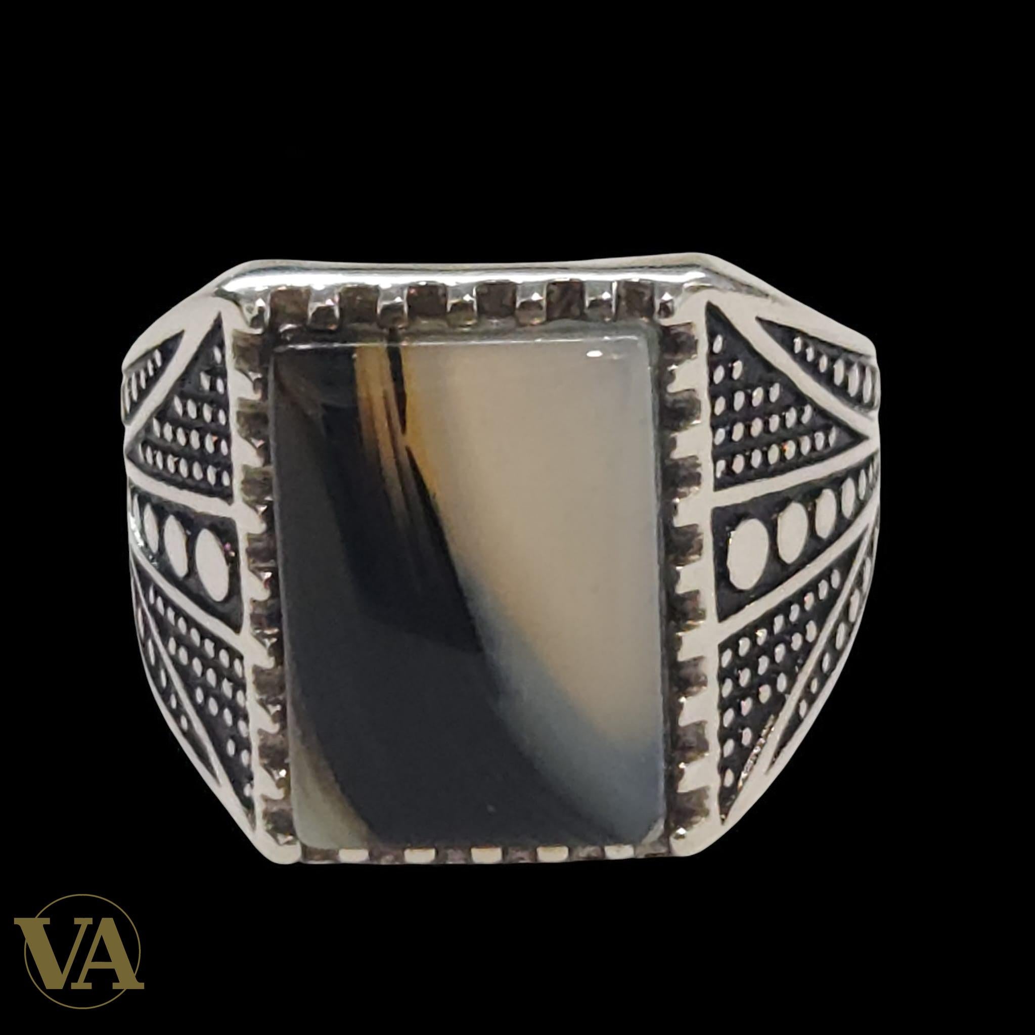 Bague Homme Argent 925 Agate Rubanée – Élégance & Harmonie