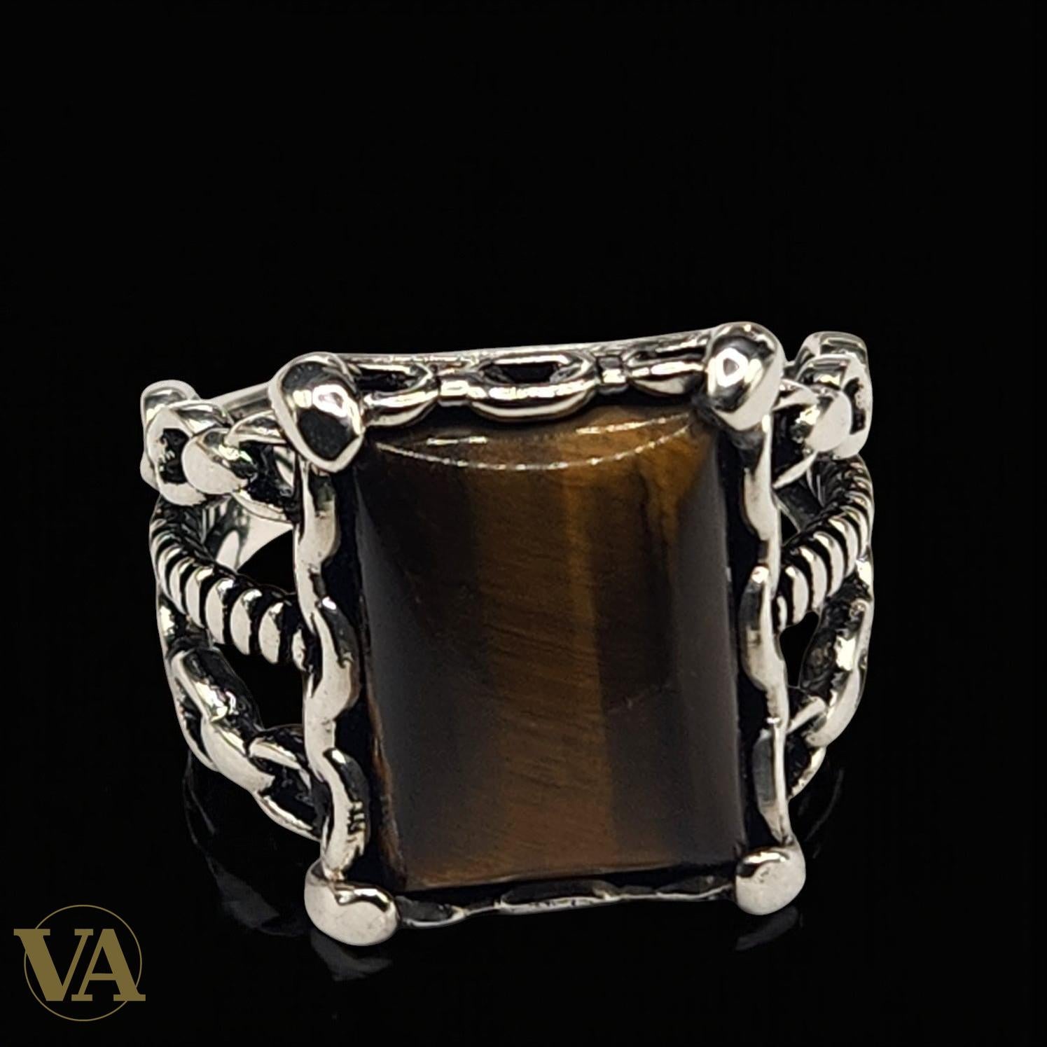 Bague Homme Argent 925 – Pierre Œil de Tigre Rectangulaire