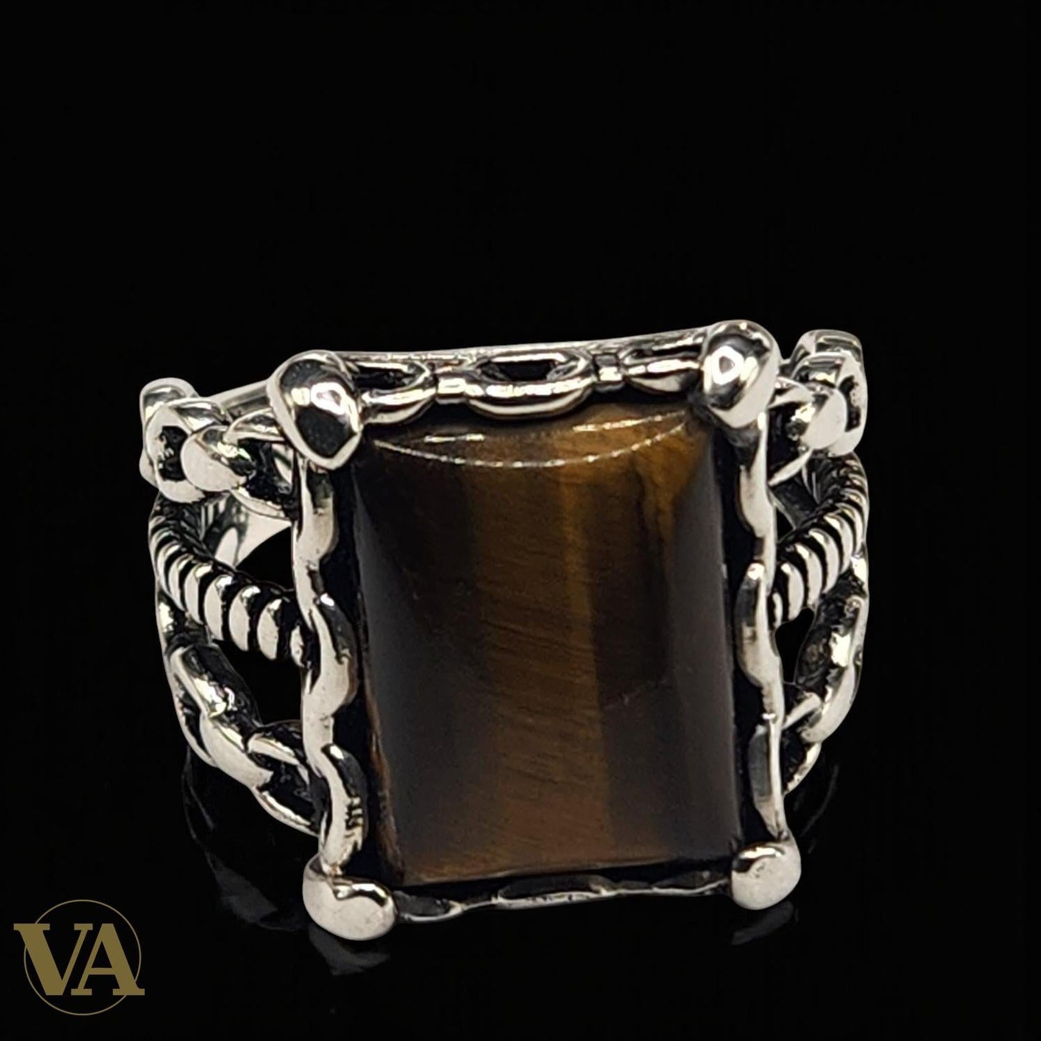 Bague Homme Argent 925 – Pierre Œil de Tigre Rectangulaire - Argent 925 - Vindicta