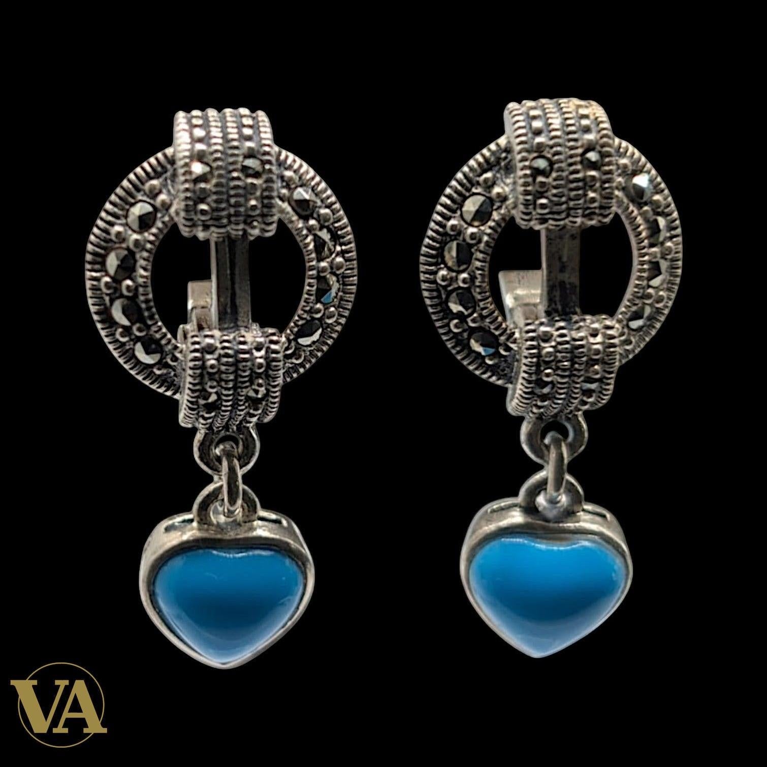 Boucles d'Oreilles Argent 925 Turquoise et Marcassite Art Déco