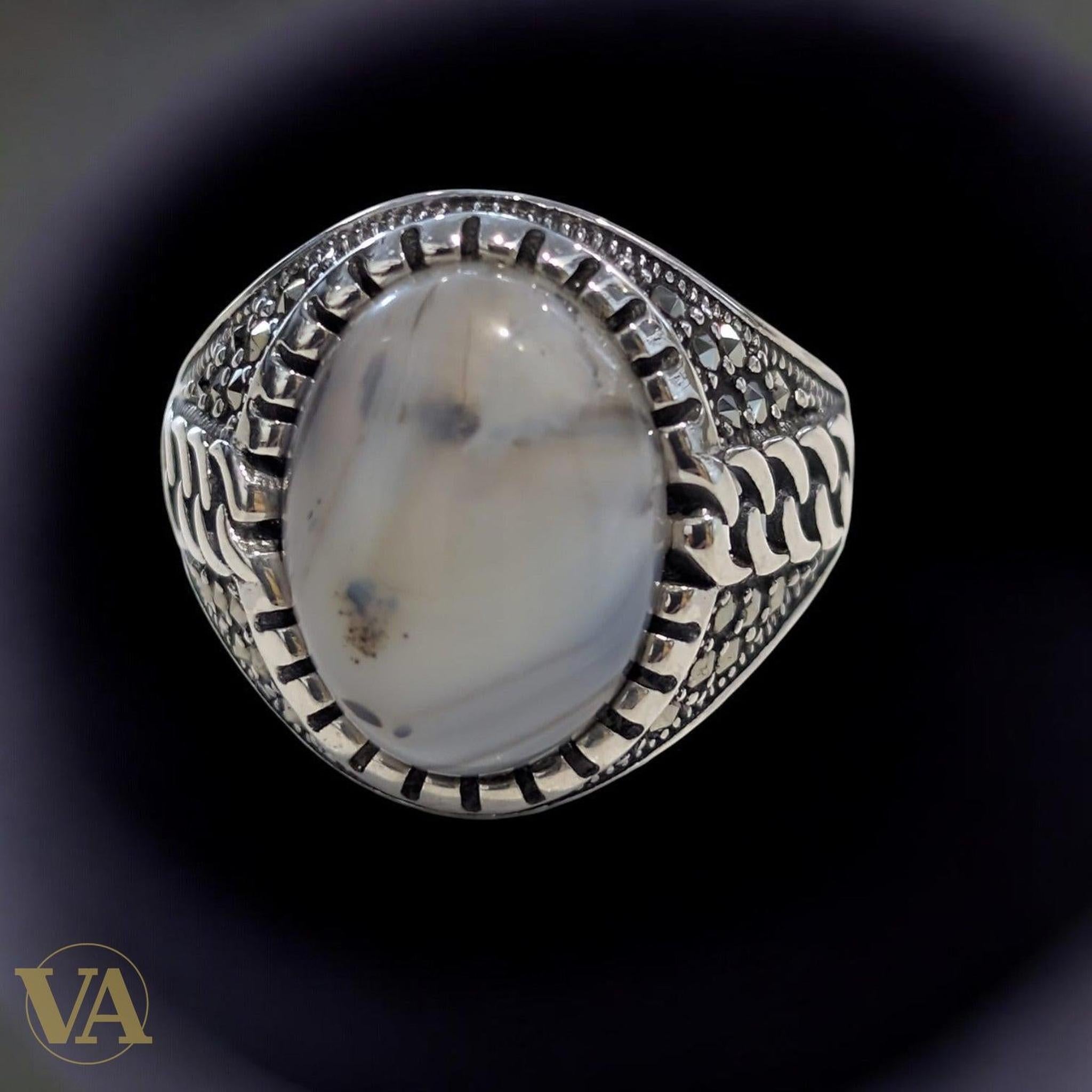 Bague Homme Argent 925 – Agate Naturelle Ovale | Bijoux Vindicta