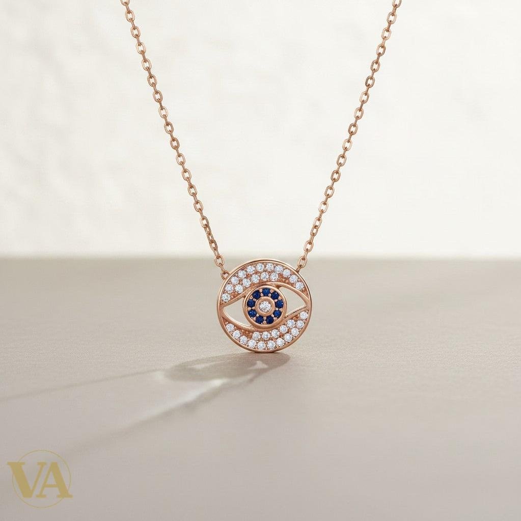 Collier Femme Œil de Protection Argent 925 Plaqué Or Rose — Pavé Zircons Saphir & Blancs-Vindicta : Bijoux Argent 925 Massif, Luxe et Héritage