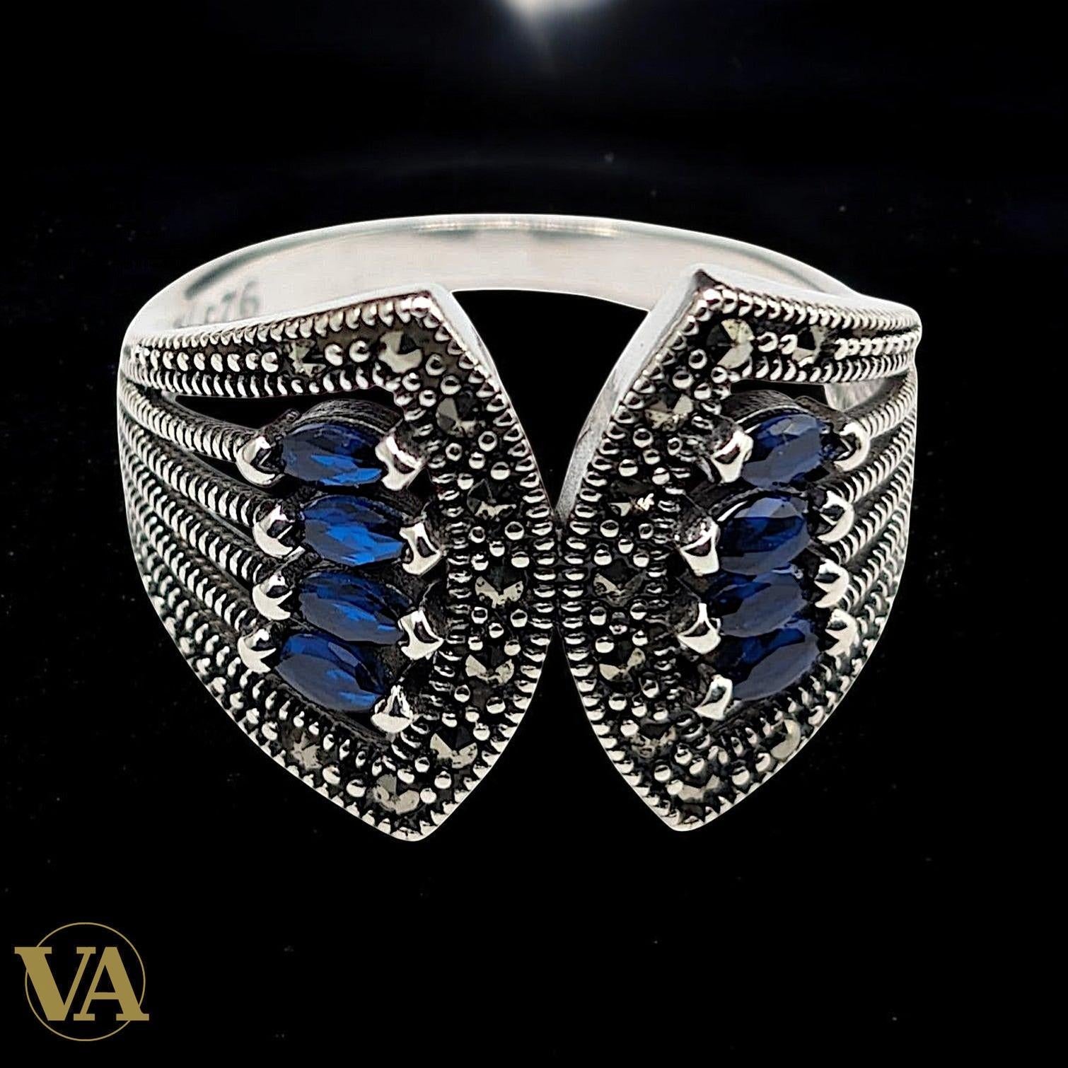 Bague Femme en Argent 925 – Design ouvert, pierres bleues & marcassite