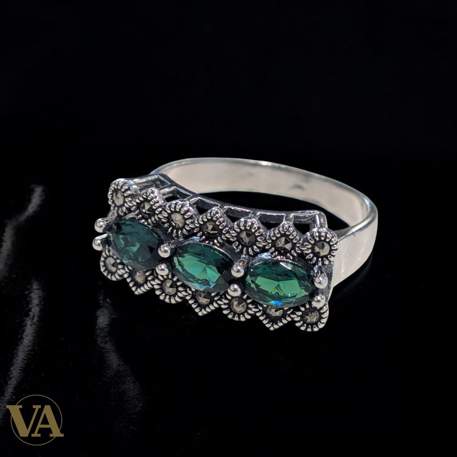 Bague Argent 925 Vert Émeraude & Marcassites – Vintage Chic
