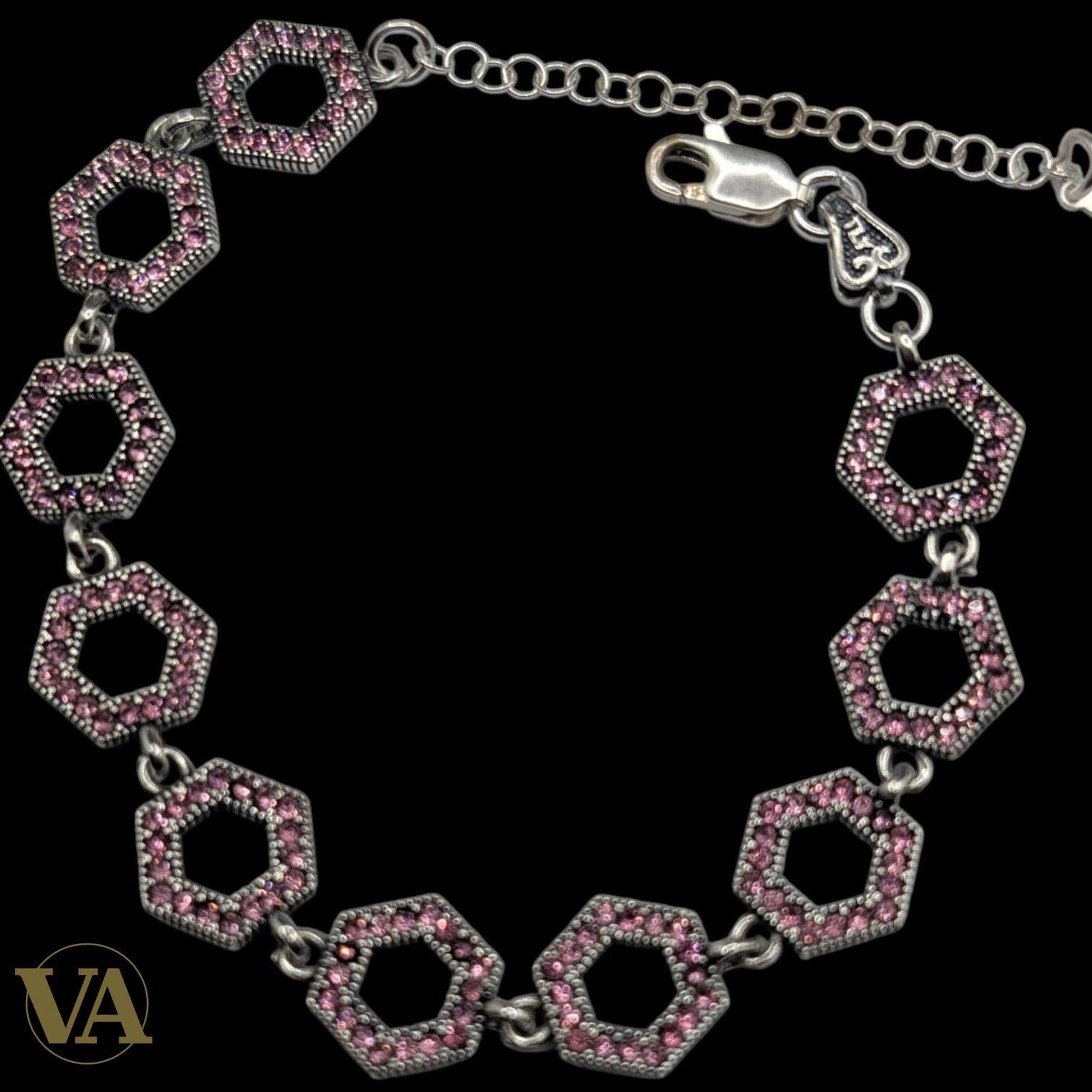 Bracelet Femme Argent 925 Hexagones Oxydes Roses | Bijoux Vindicta
