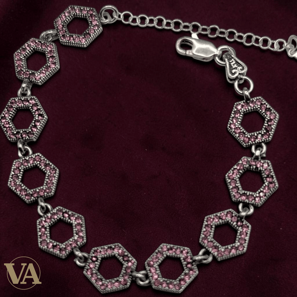 Bracelet Femme Argent 925 Hexagones Oxydes Roses - Argent 925 - Vindicta