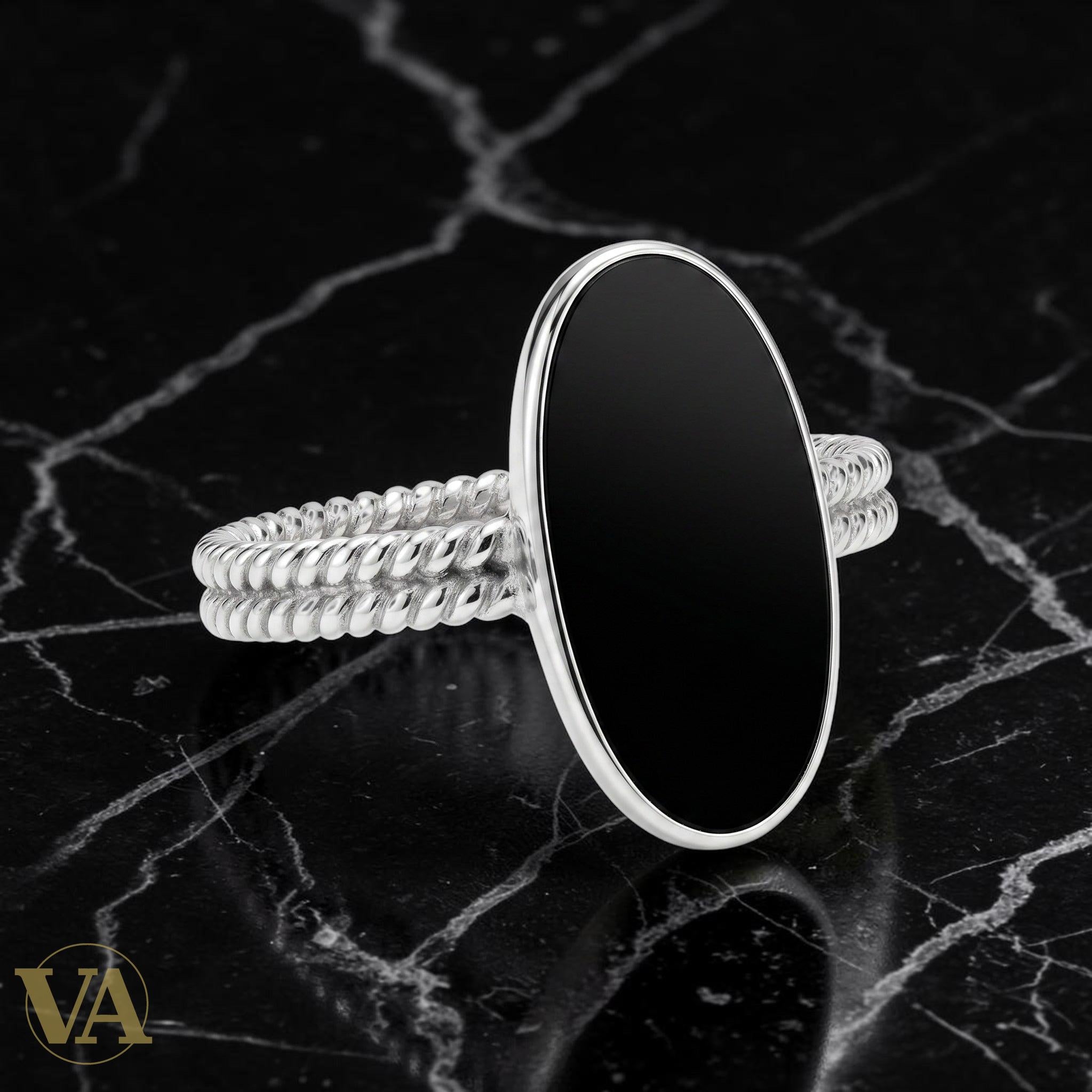 Bague Femme Argent 925 Cabochon Ovale Poli Anneau Torsadé