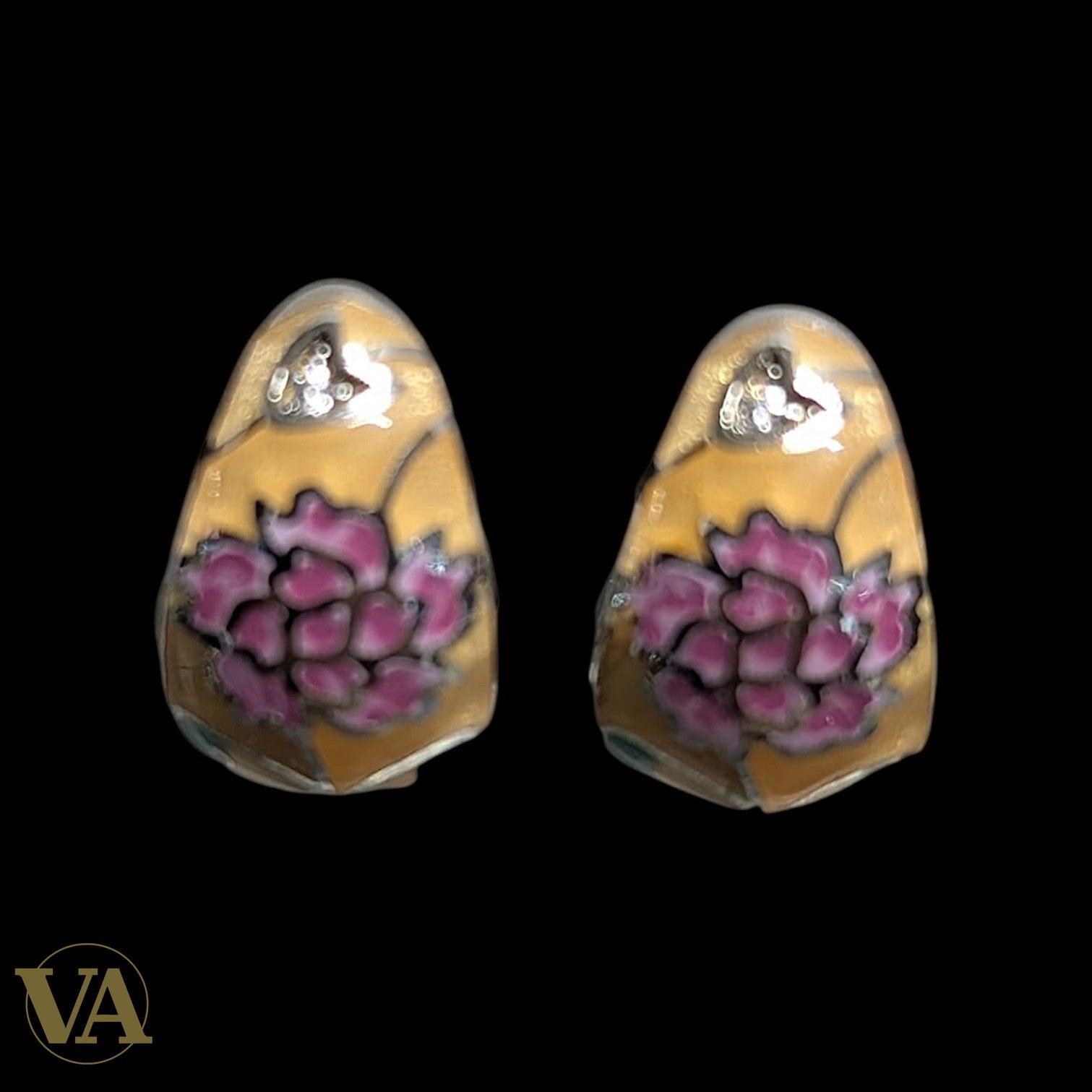 Boucles d'oreilles Femme Argent 925 – Émail Pivoine Rose & Ocre Cloisonné
