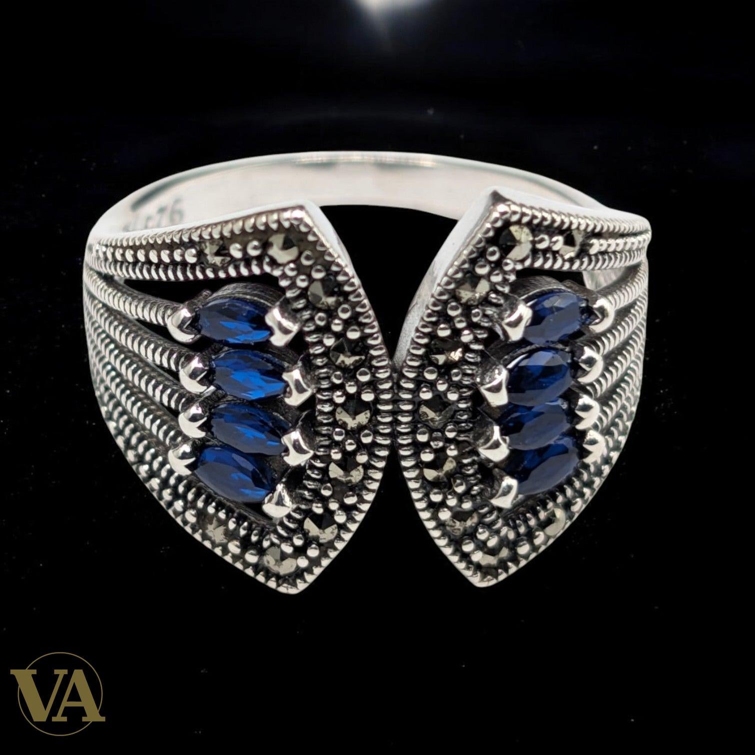 Bague Femme en Argent 925 – Design ouvert, pierres bleues & marcassite