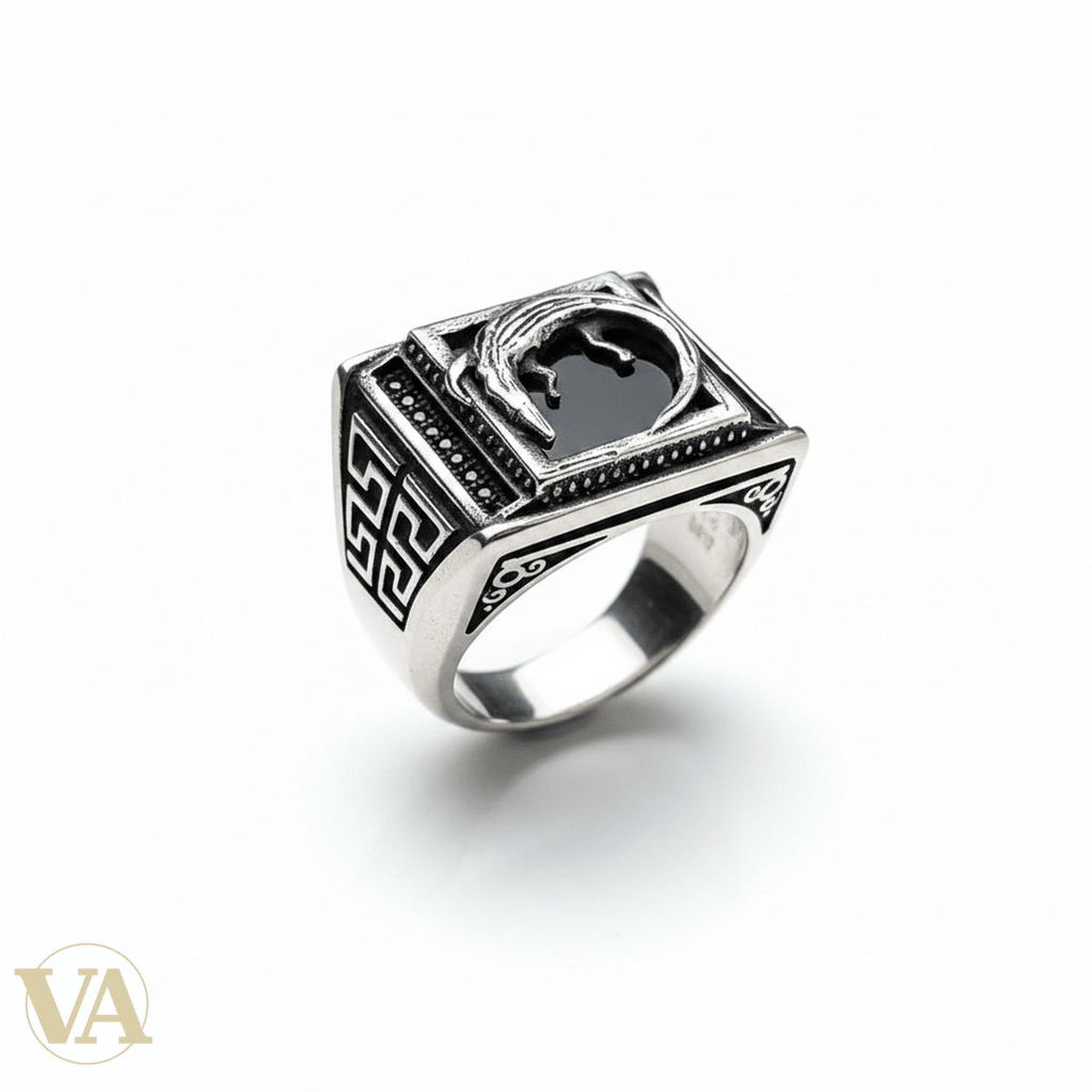 Chevalière Homme Argent 925 Onyx Noir Crocodile Relief Motif Grec - Argent 925 - Vindicta