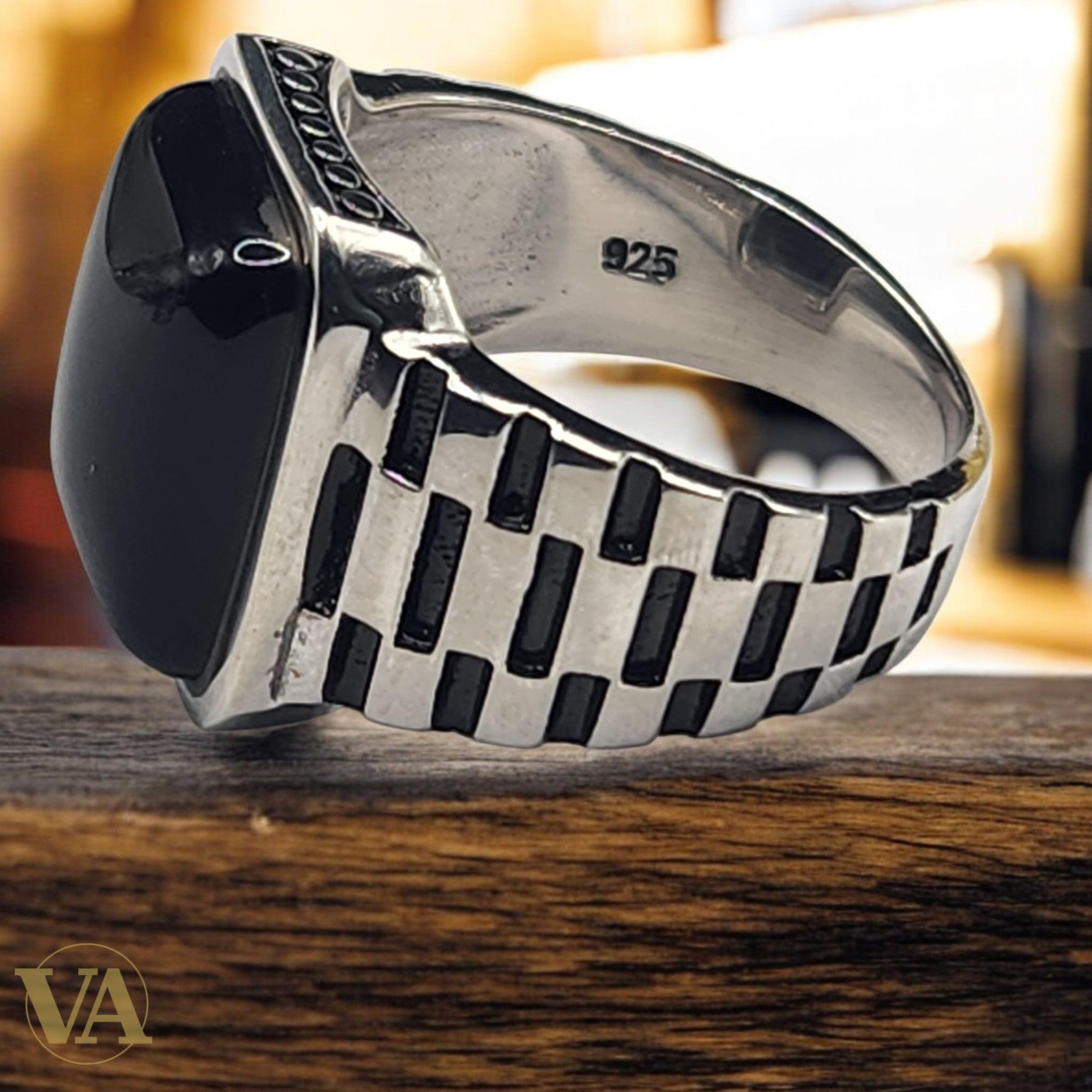 Bague Homme Argent 925 – Onyx noir rectangulaire & anneau mailles