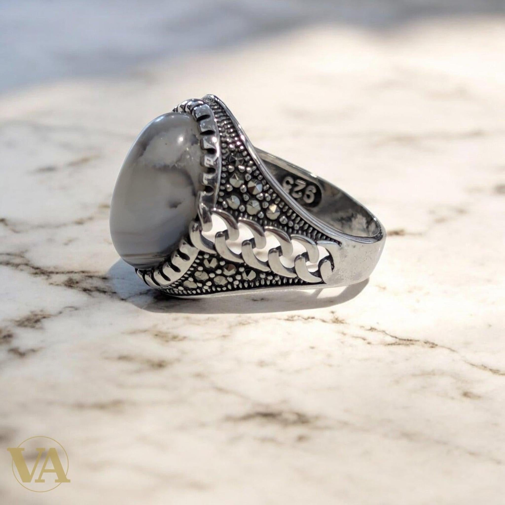 Bague Homme Argent 925 – Agate Naturelle Ovale - Argent 925 - Vindicta