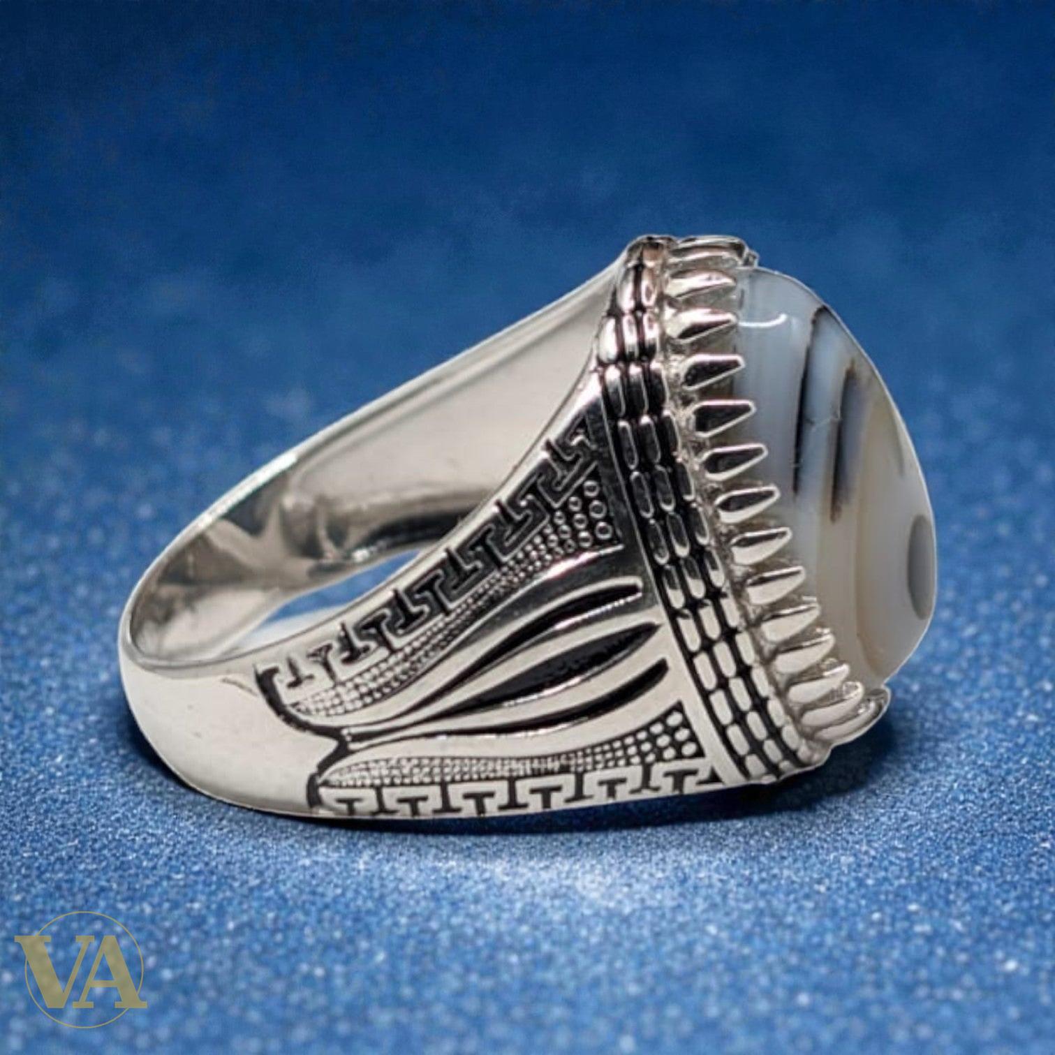 Bague homme argent 925 – Agate Dendritique & Ciselure Ottomane | Bijoux Vindicta