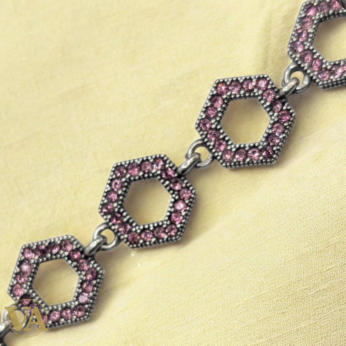 Bracelet Femme Argent 925 Hexagones Oxydes Roses - Argent 925 - Vindicta