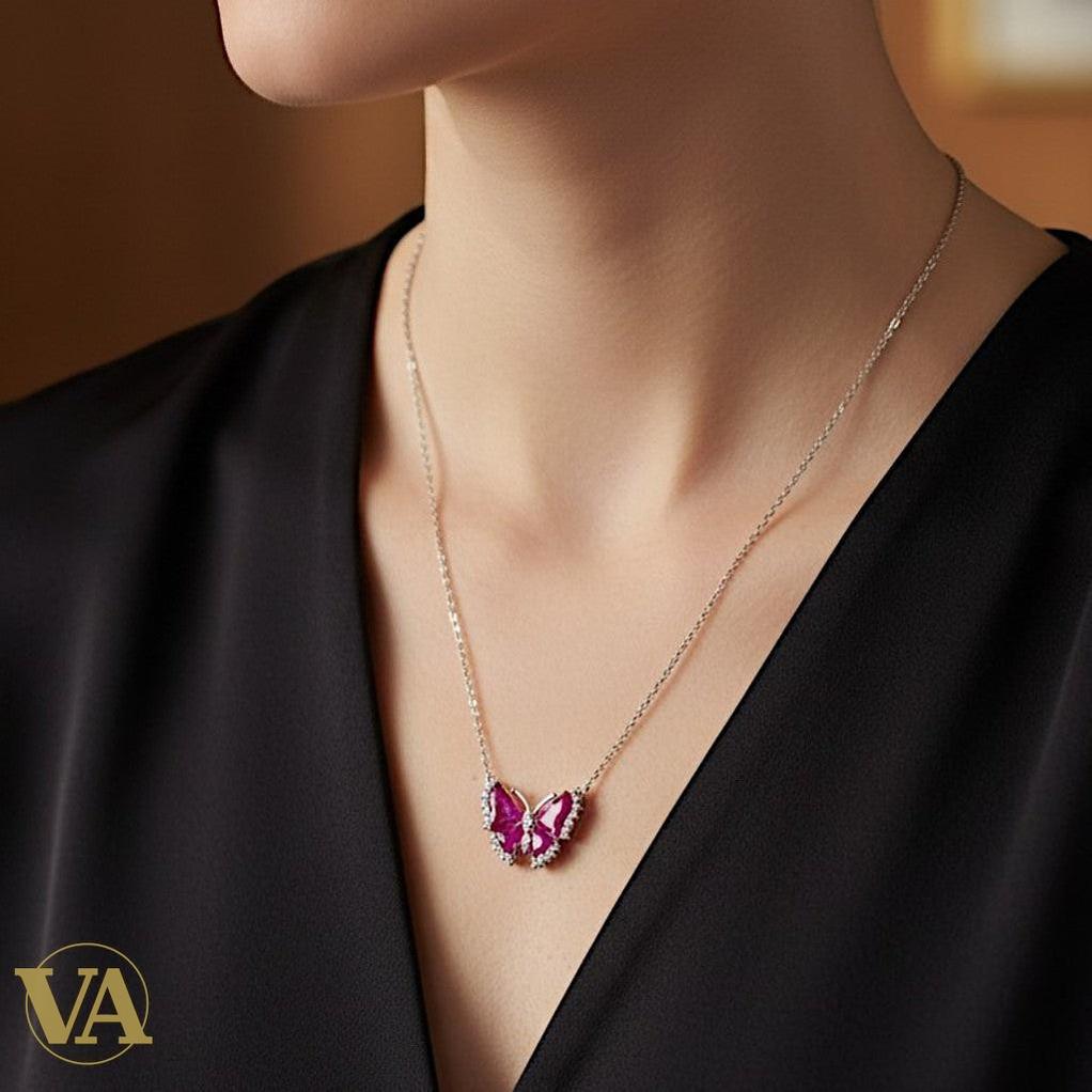 Collier Papillon Argent 925 — Zircons Rouges et Blancs