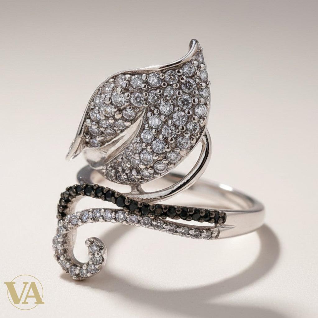 Bague femme argent 925 Feuille pavée Zircons Onyx noir volute