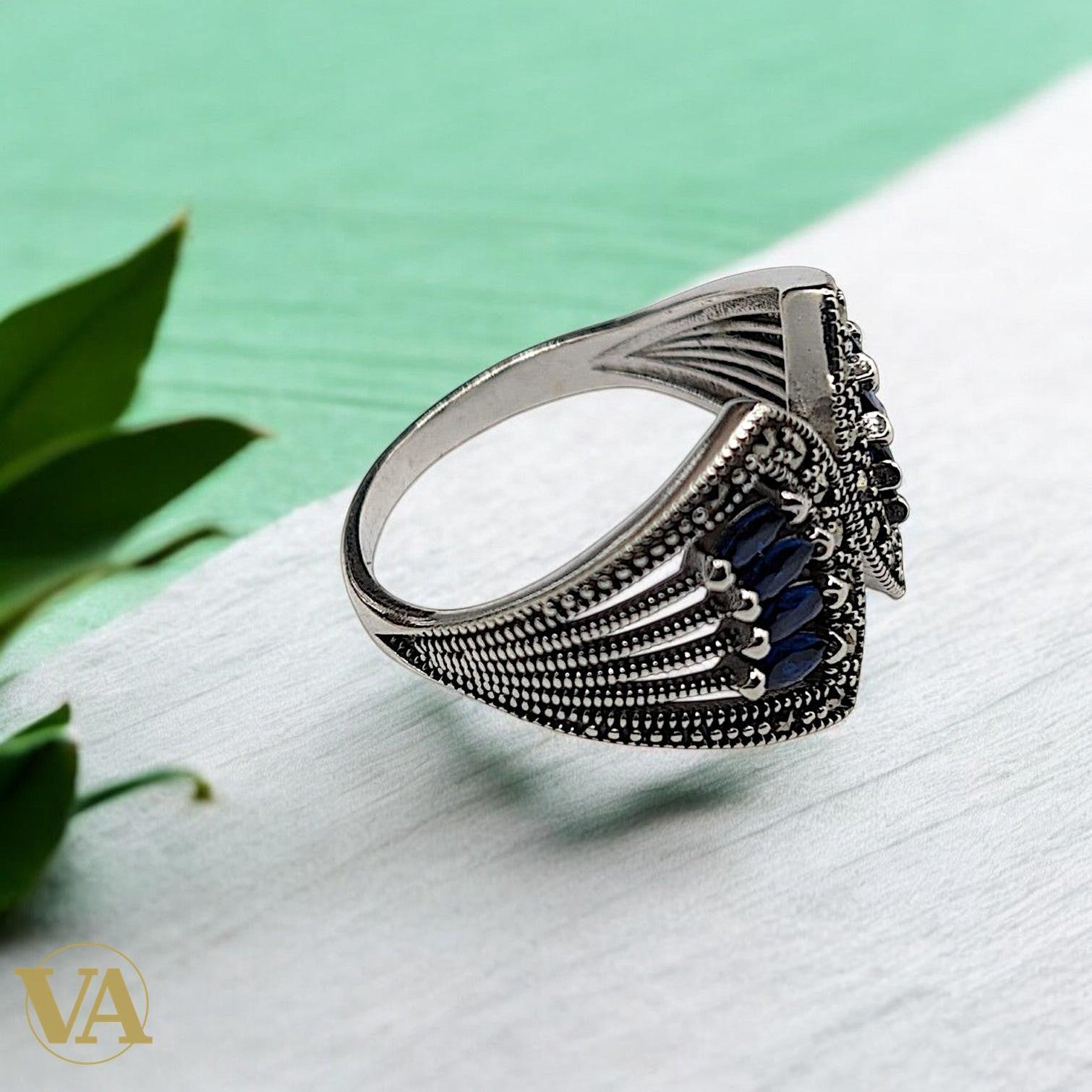 Bague Femme en Argent 925 – Design ouvert, pierres bleues & marcassite | Bijoux Vindicta