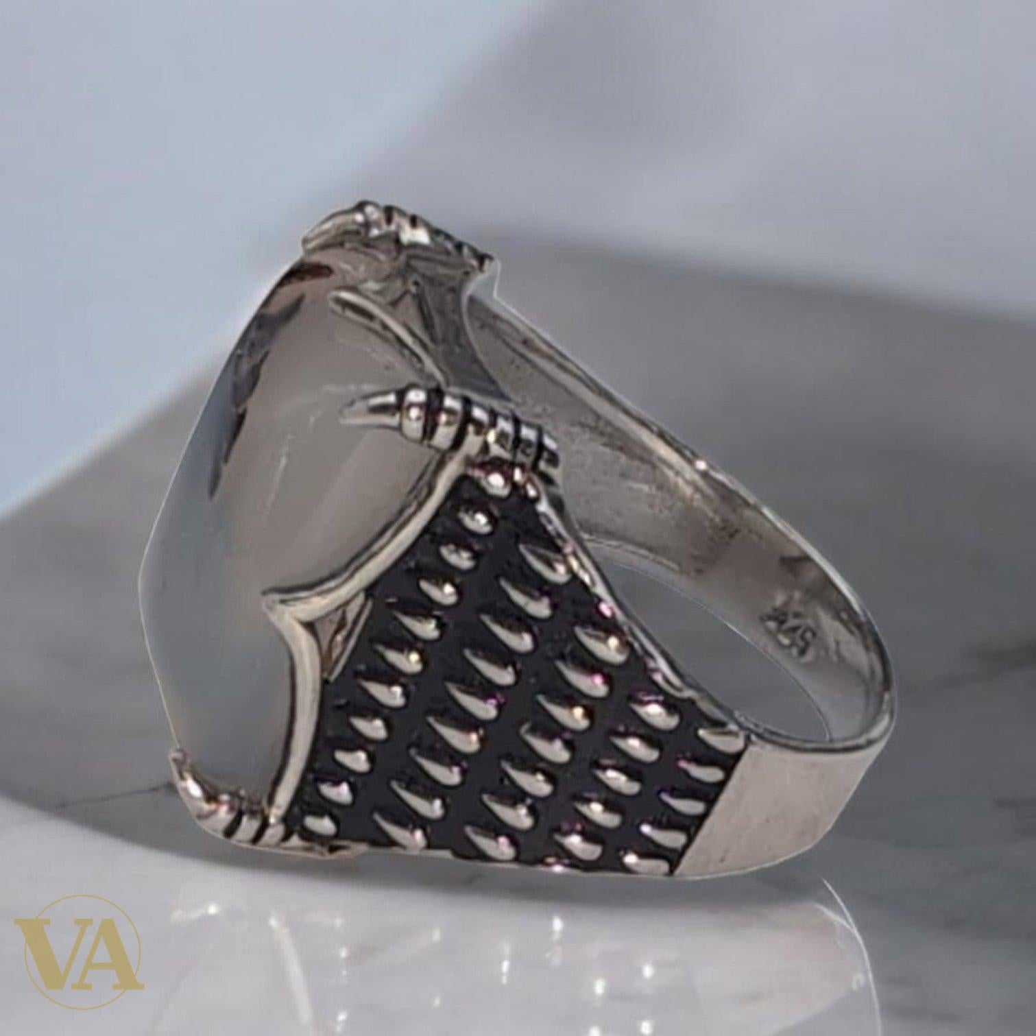 Bague Homme Argent 925 Agate Naturelle Rectangulaire