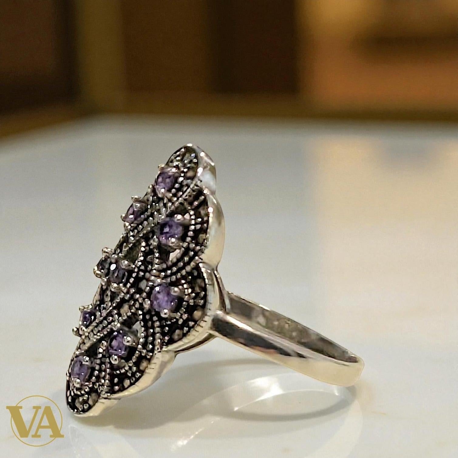 Bague femme arabesque en argent 925, améthyste & marcassite | Bijoux Vindicta