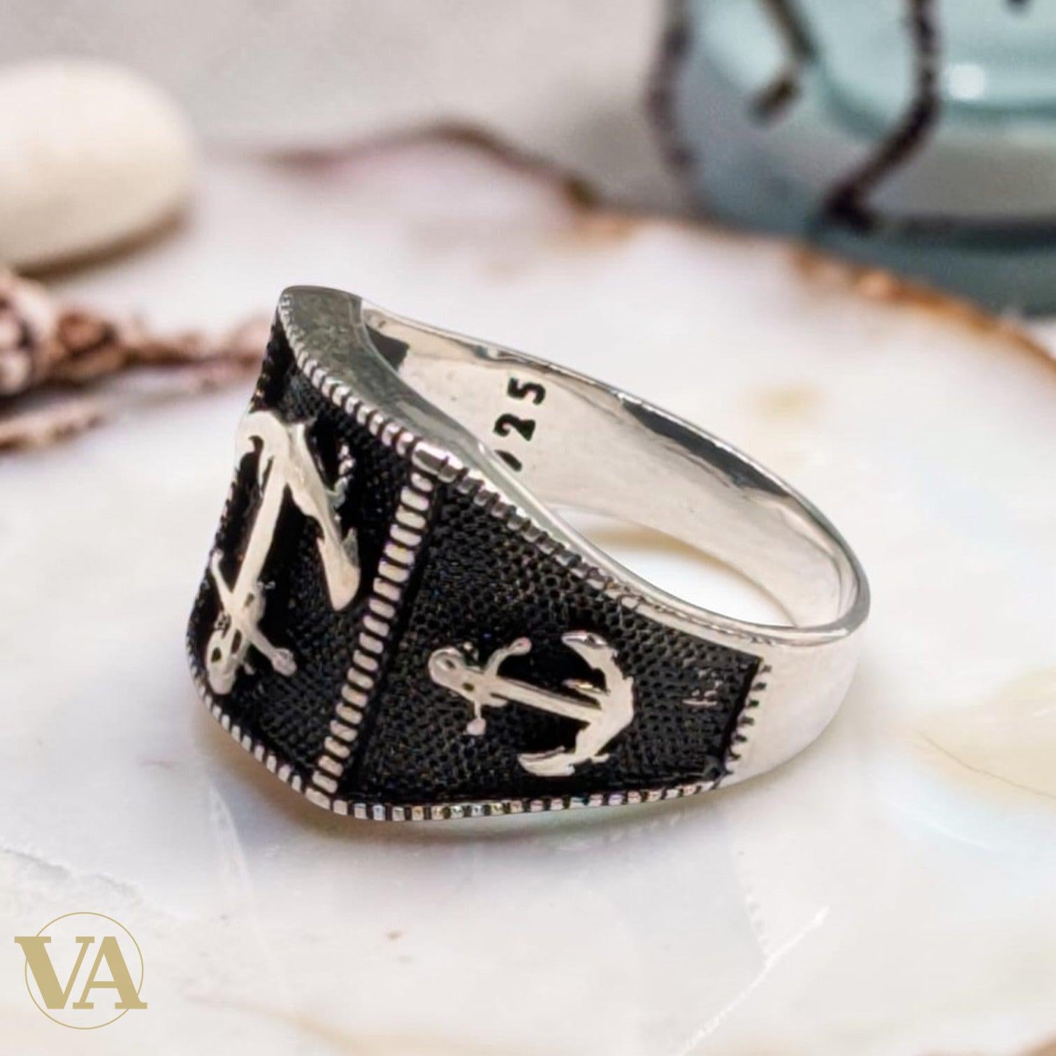 Bague Homme Argent 925 Ancre Marine – Motif Nautique Oxydé | Bijoux Vindicta