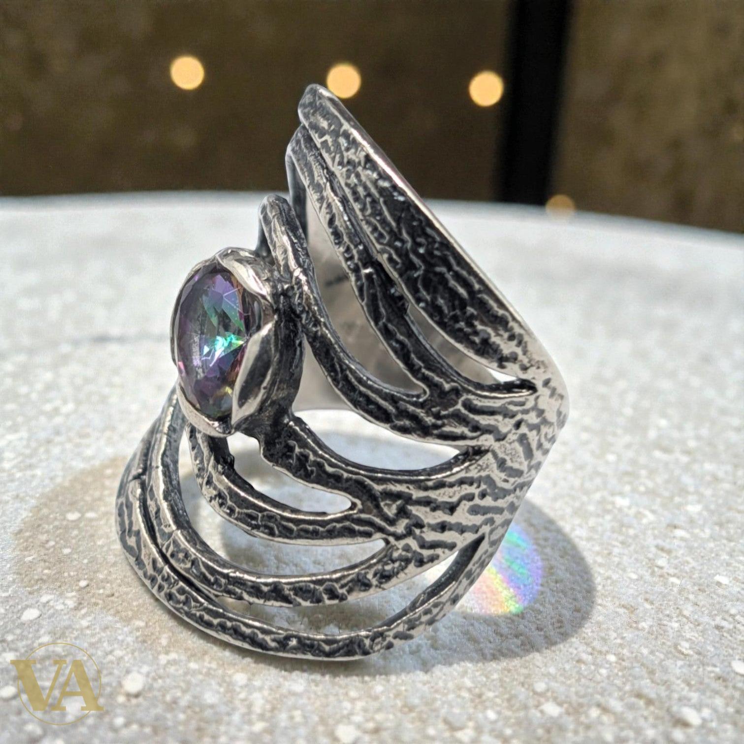 Bague femme Argent 925 Massif Topaze Mystique Design Spirale Texturé - Taille 54