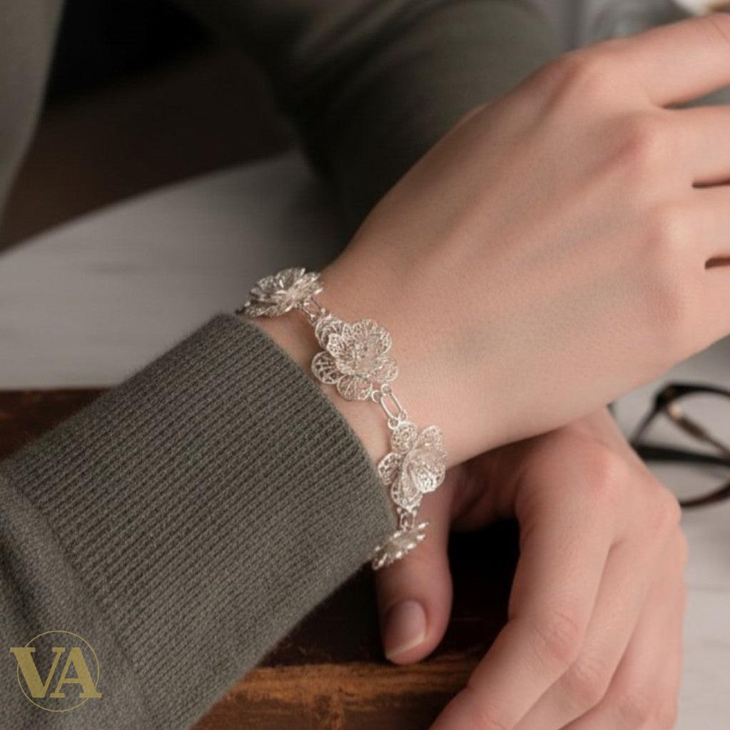 Bracelet Femme Argent 925 Massif – Fleurs 4 Pétales Filigranes