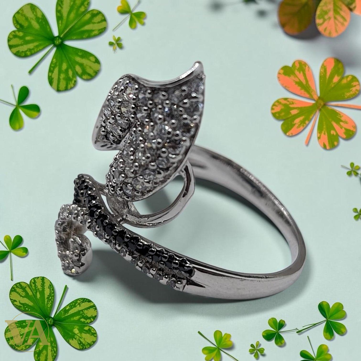 Bague femme argent 925 Feuille pavée Zircons Onyx noir volute