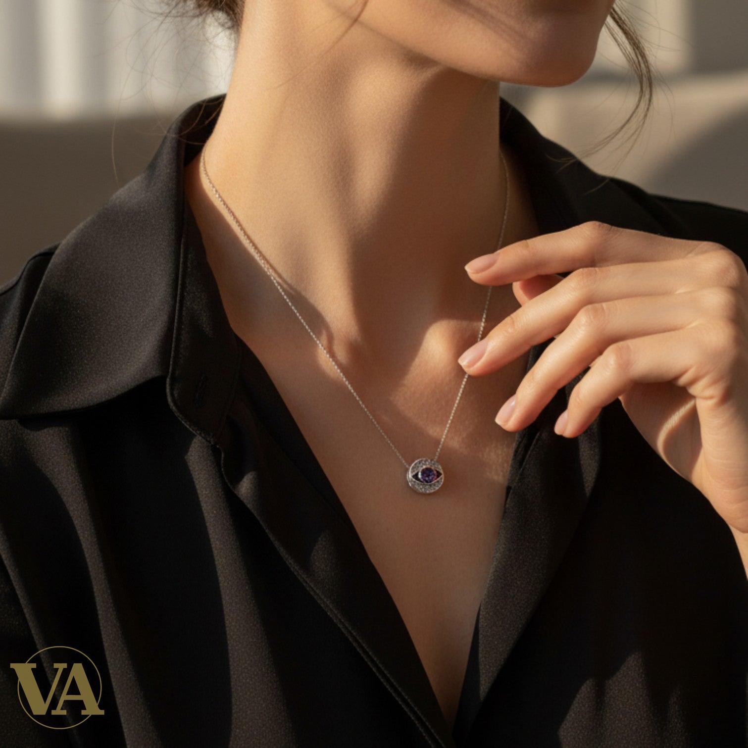 Collier Femme Œil de Protection Argent 925 Plaqué Or Rose — Pavé Zircons Saphir & Blancs