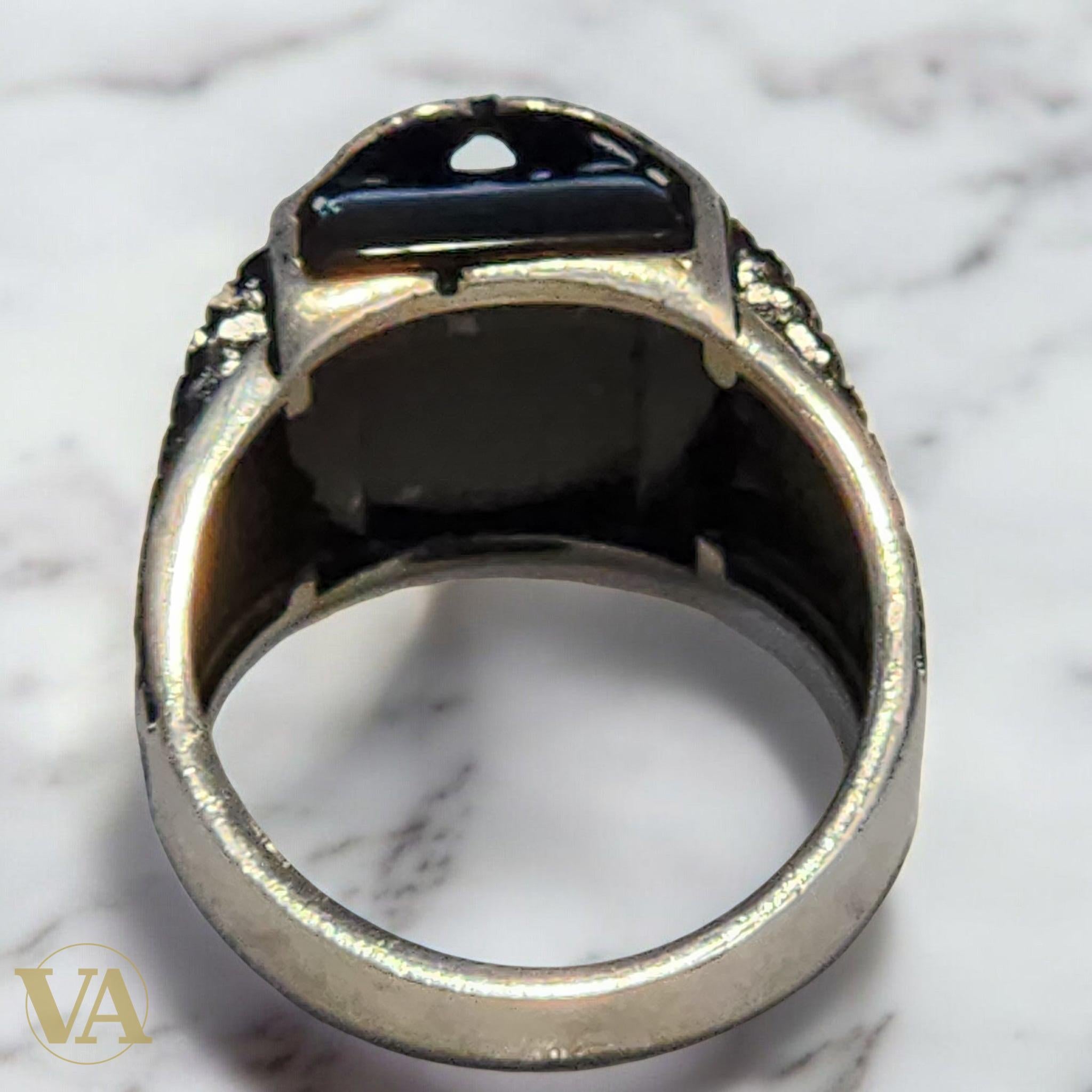 Chevalière Homme Argent 925 – Onyx Noir et Gravures Orientales