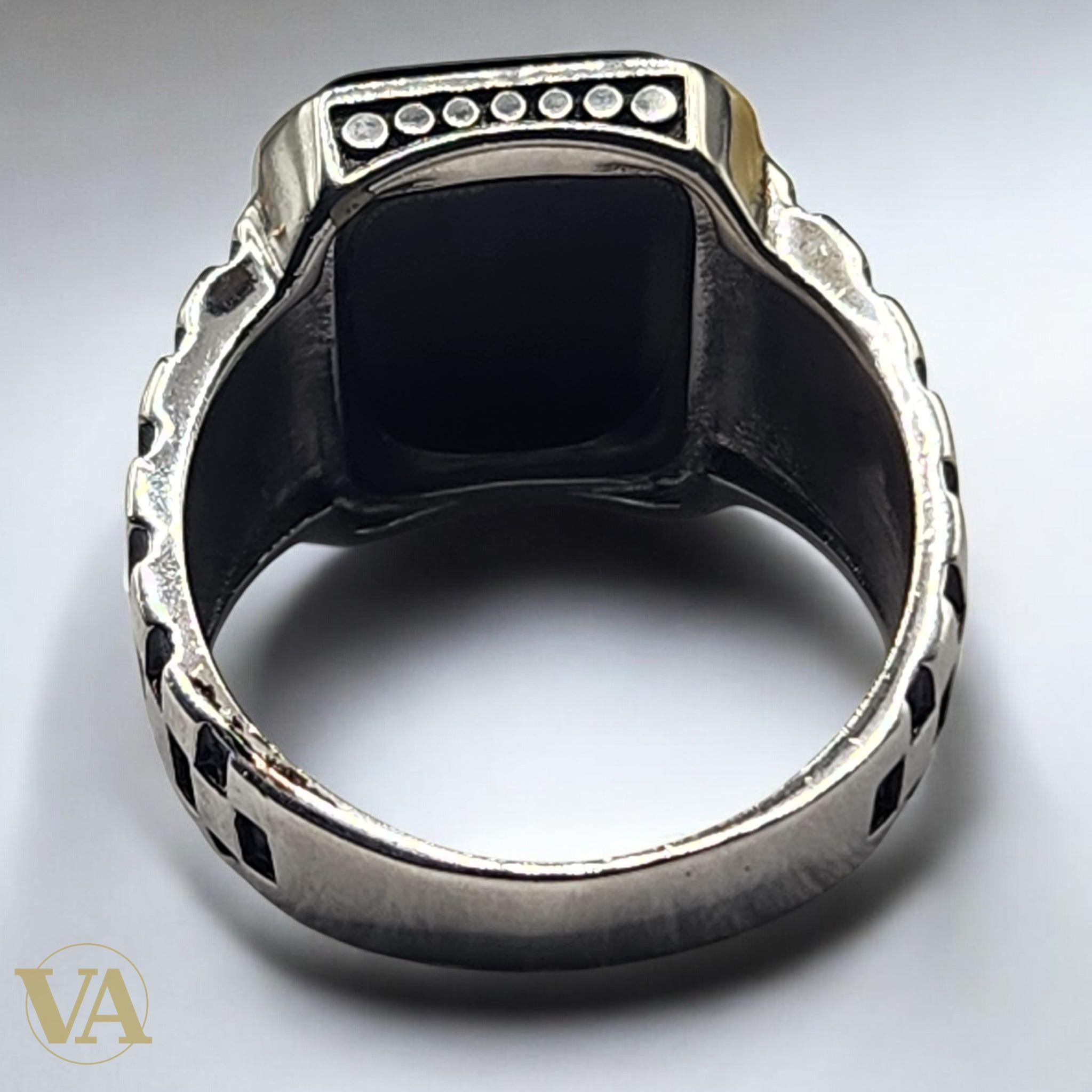 Bague Homme Argent 925 – Onyx noir rectangulaire & anneau mailles