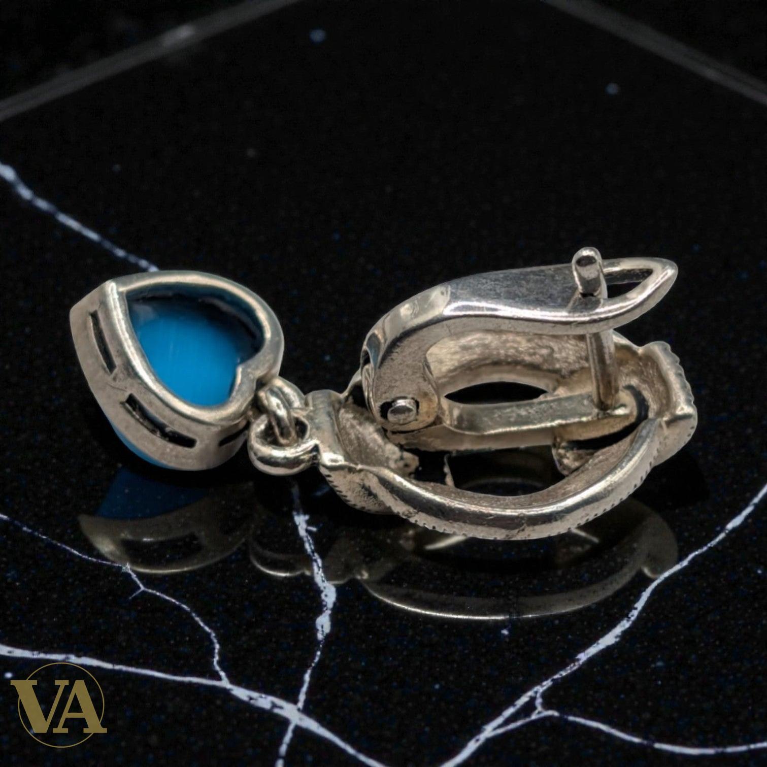 Boucles d'Oreilles Argent 925 Turquoise et Marcassite Art Déco