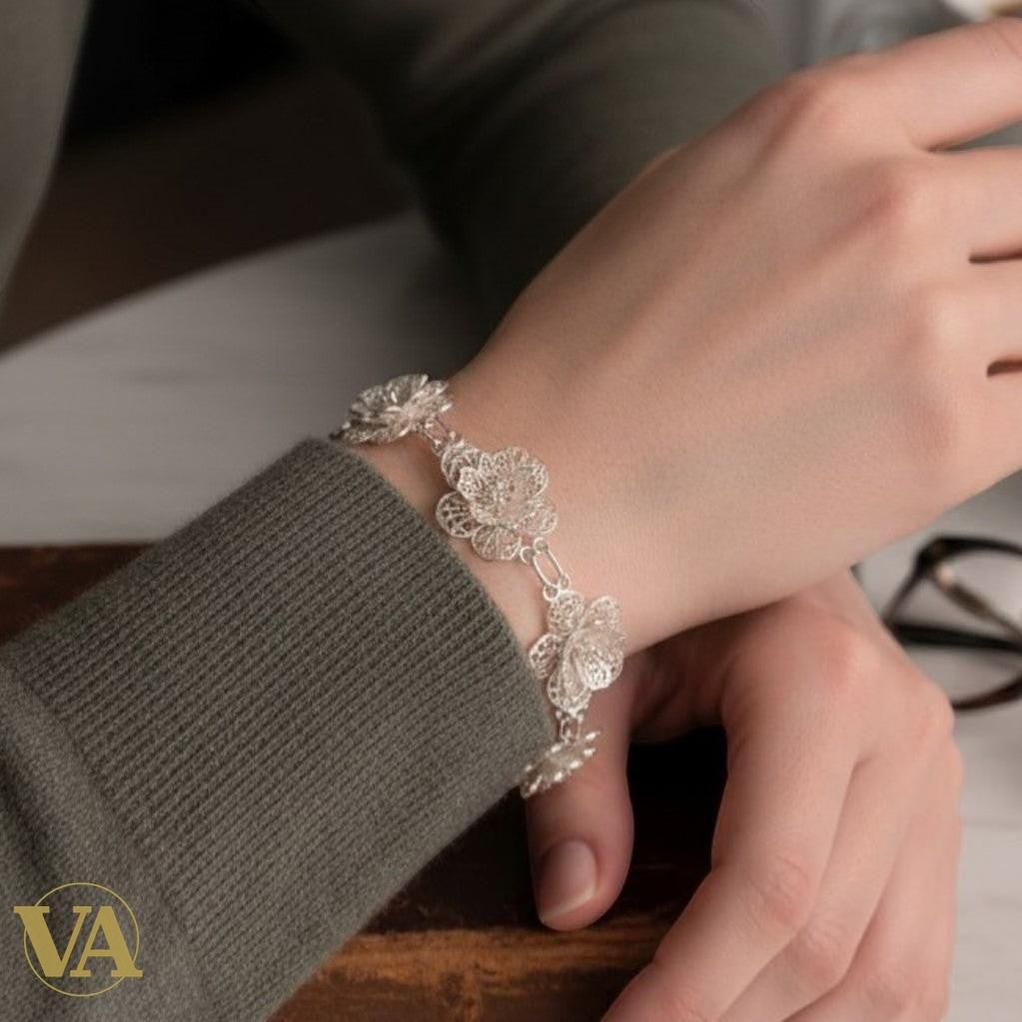 Bracelet Femme Argent 925 Massif – Fleurs 4 Pétales Filigranes | Bijoux Vindicta