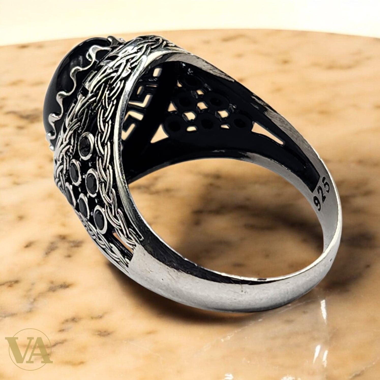 Bague Homme Argent 925 – Onyx noir cabochon & arabesques