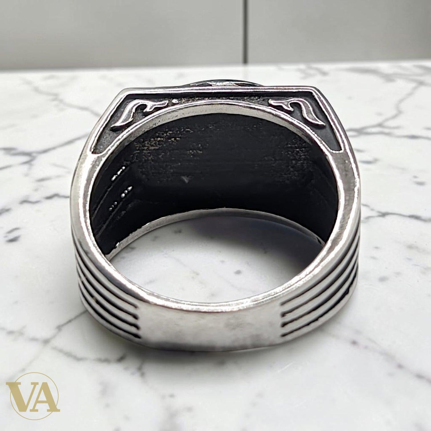 Chevalière Homme Argent 925 Onyx Noir Cabochon Ovale Flancs Striés - Argent 925 - Vindicta