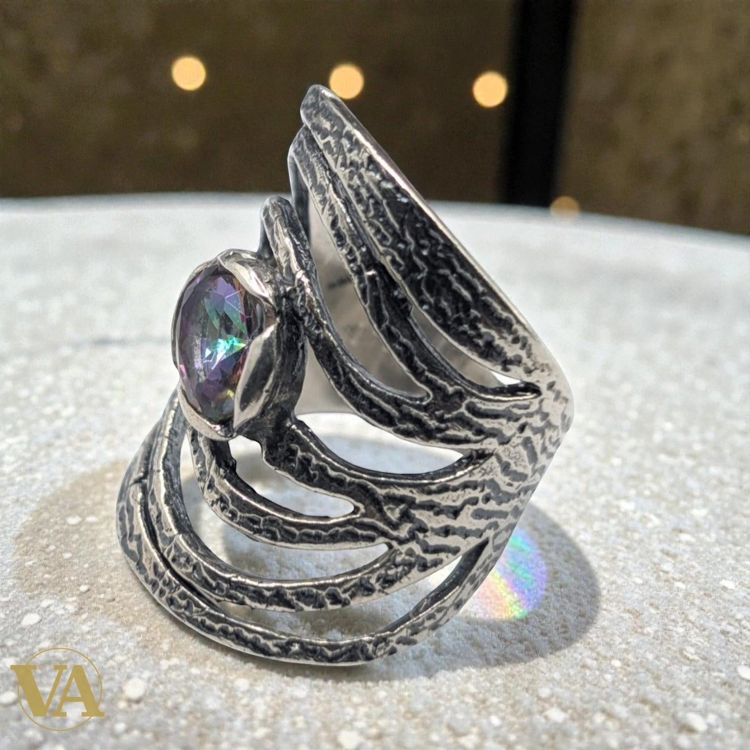 Bague femme Argent 925 Massif Topaze Mystique Design Spirale Texturé - Taille 54 | Bijoux Vindicta