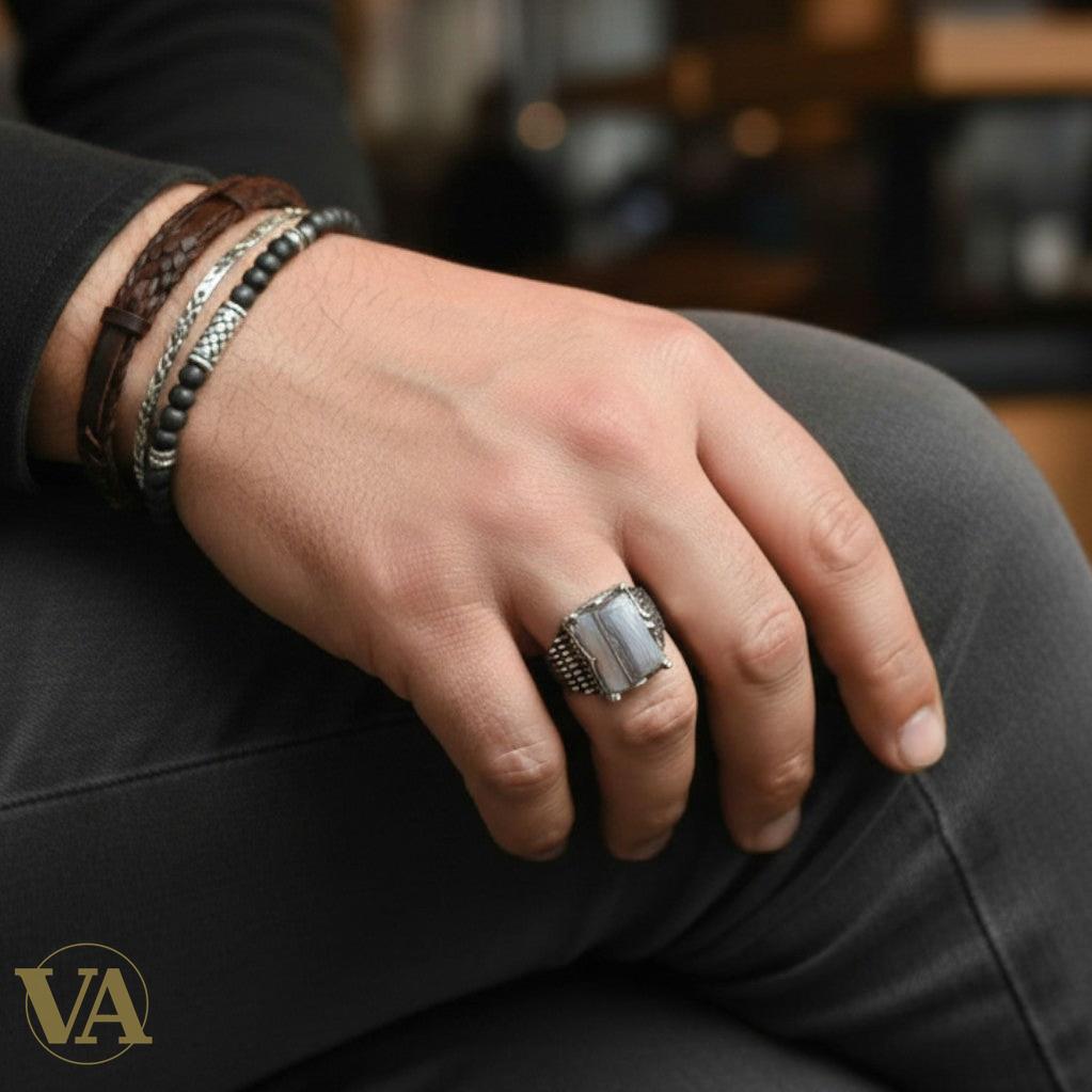 Bague Homme Argent 925 Agate Naturelle Rectangulaire