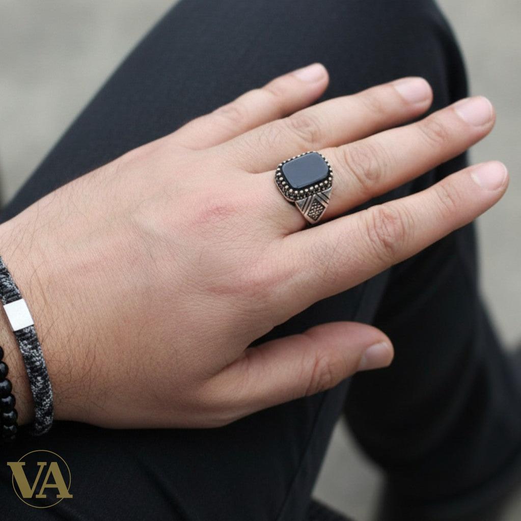 Bague homme – Argent 925 & Plaqué or rose – Onyx noir