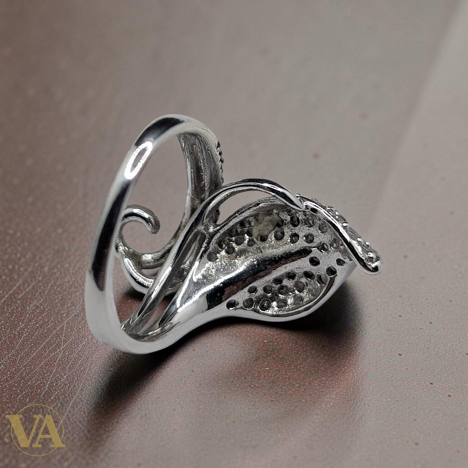 Bague femme argent 925 Feuille pavée Zircons Onyx noir volute