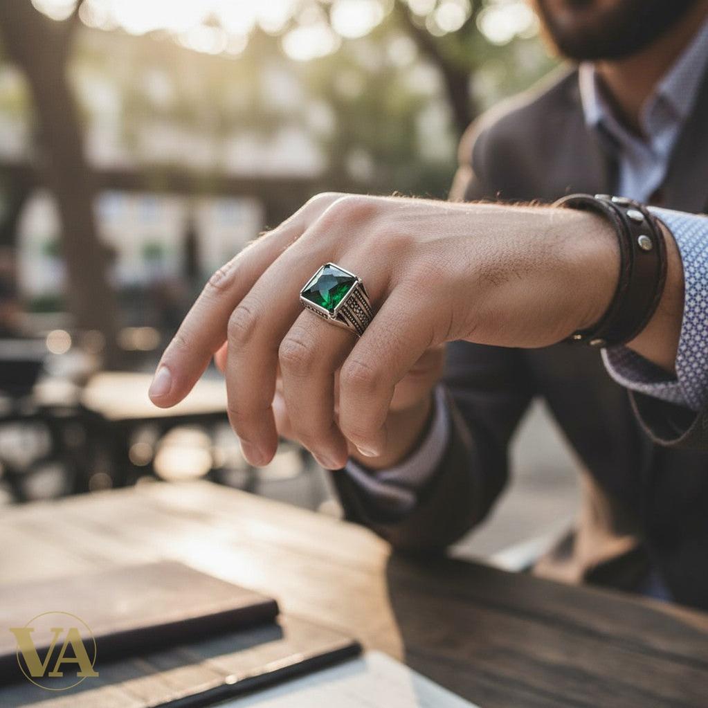 Bague homme argent 925 et calcédoine verte facettée
