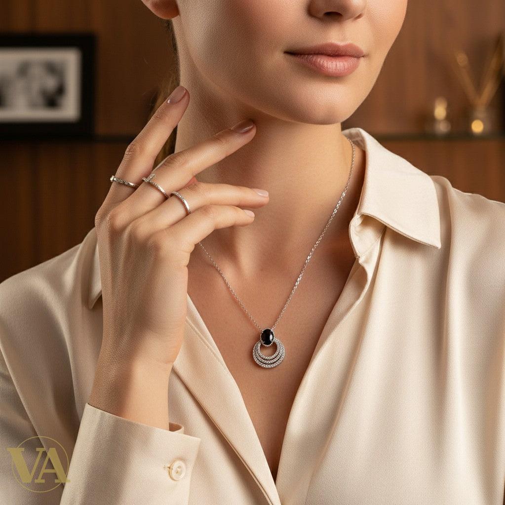 Collier Femme Onyx Argent 925 — Pendentif Cercles Pavé Zircons Art Déco | Bijoux Vindicta
