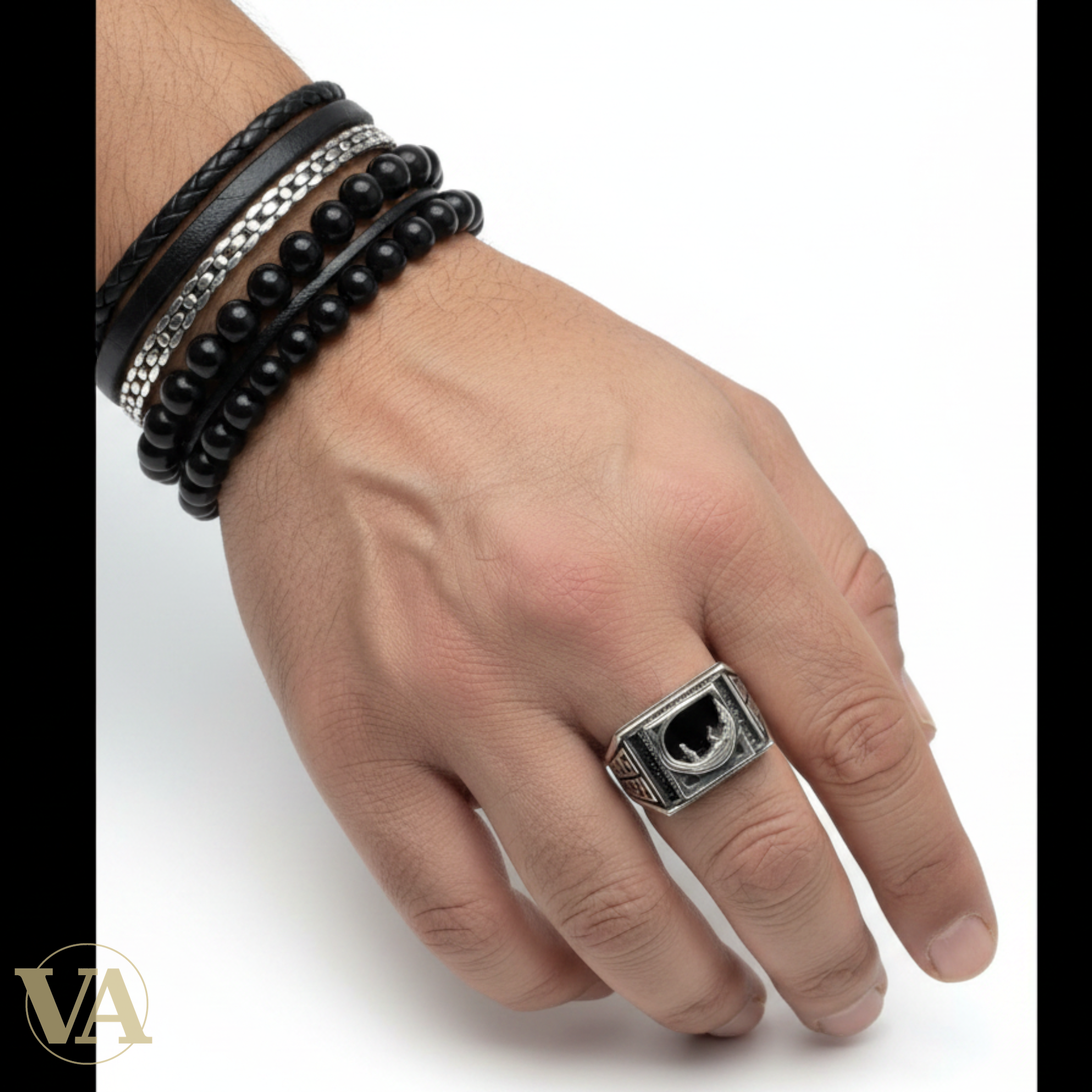 Chevalière Homme Argent 925 Onyx Noir Crocodile Relief Motif Grec-Vindicta : Bijoux Argent 925 Massif, Luxe et Héritage