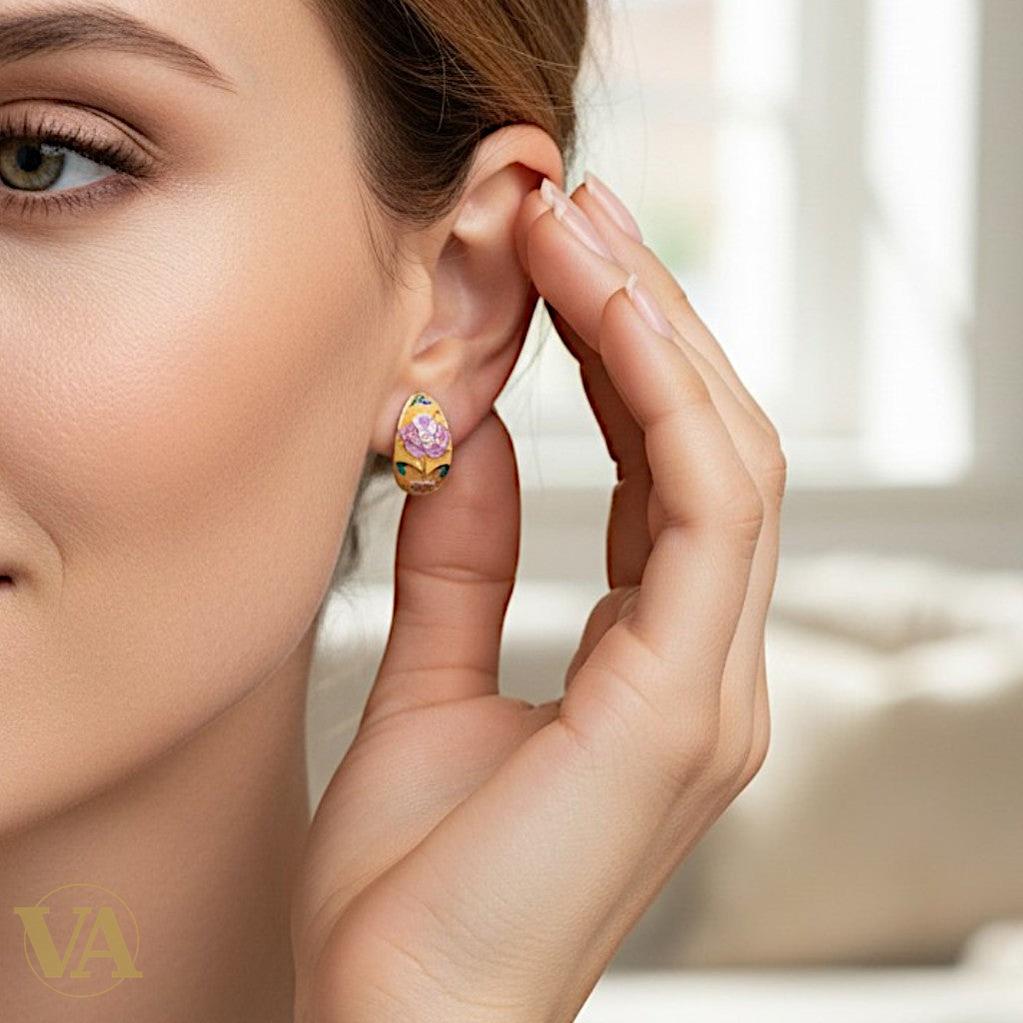 Boucles d'oreilles Femme Argent 925 – Émail Pivoine Rose & Ocre Cloisonné