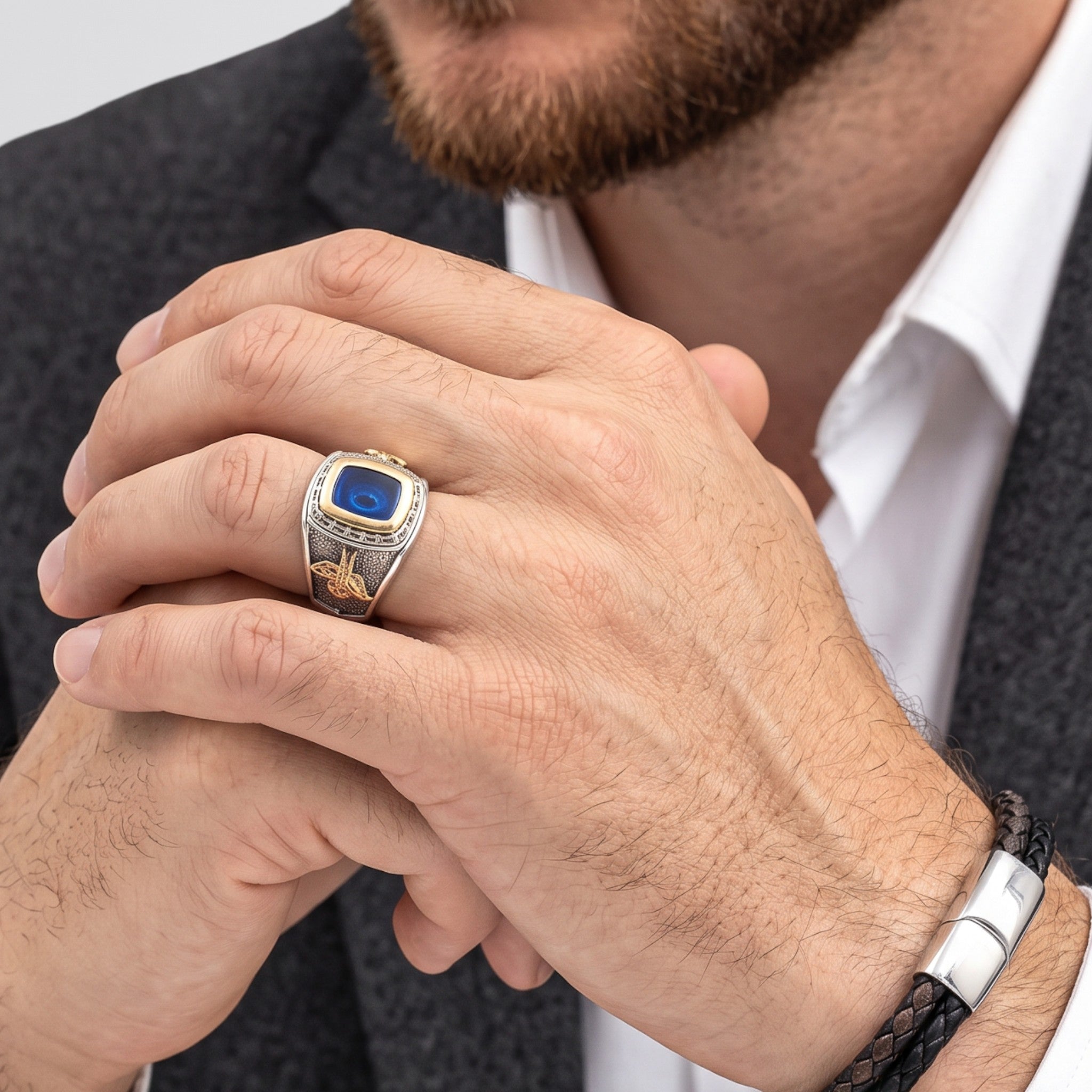 Chevalière Homme Argent 925 Quartz Inclusions Naturelles Aigle et Calligraphie Dorés-Vindicta : Bijoux Argent 925 Massif, Luxe et Héritage