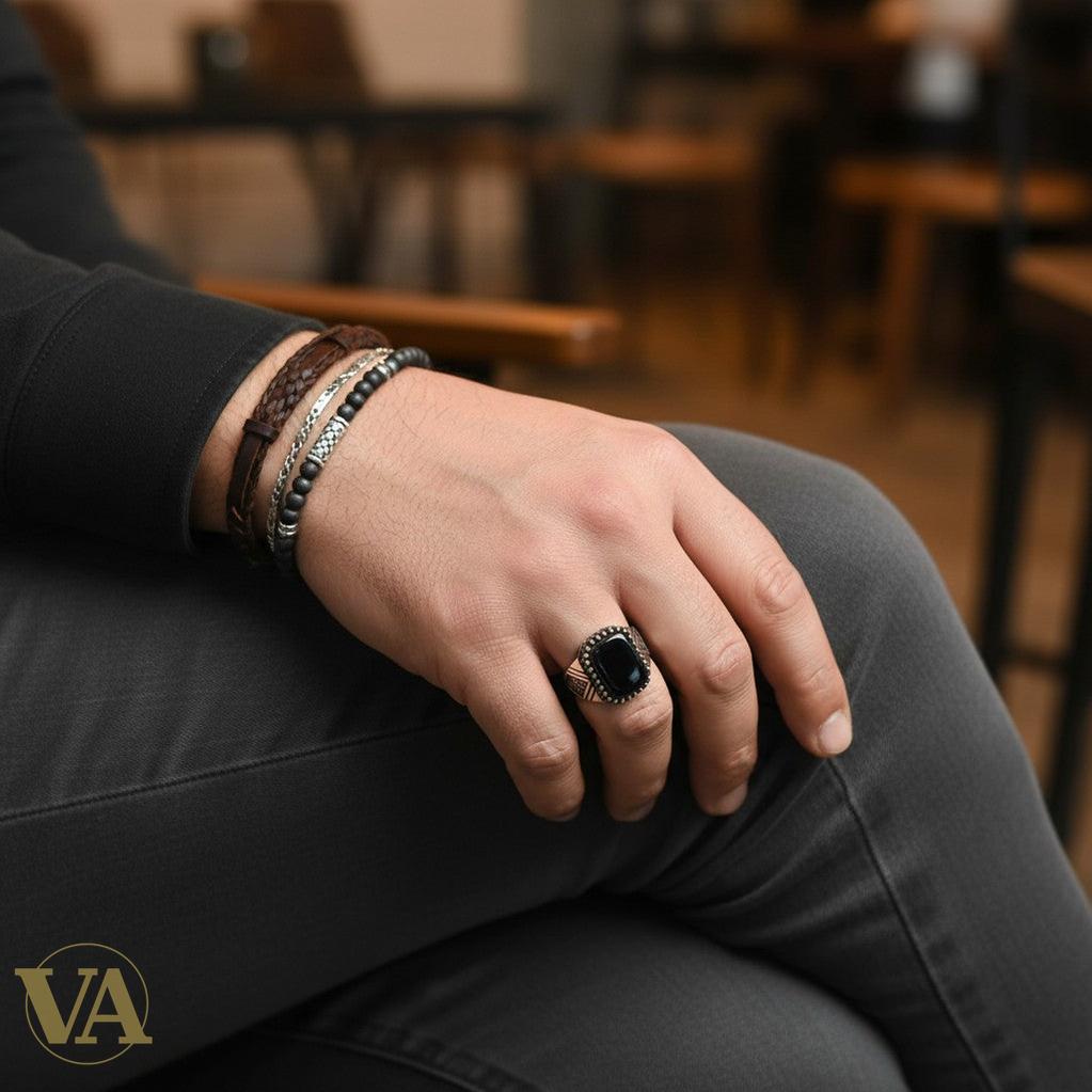 Bague homme – Argent 925 & Plaqué or rose – Onyx noir